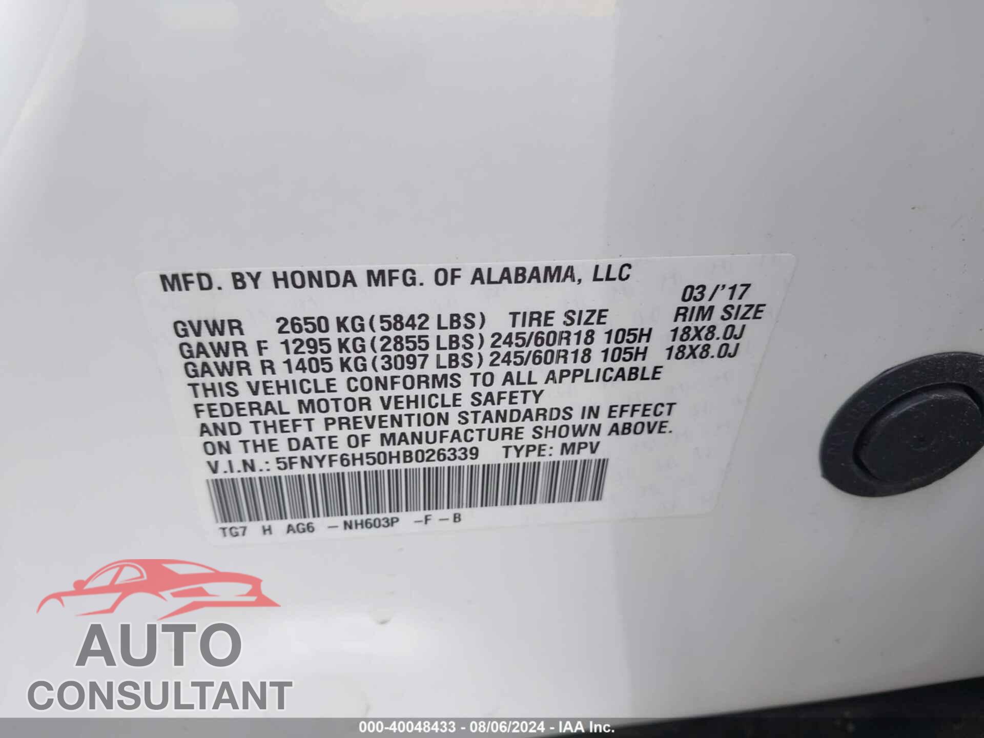 HONDA PILOT 2017 - 5FNYF6H50HB026339