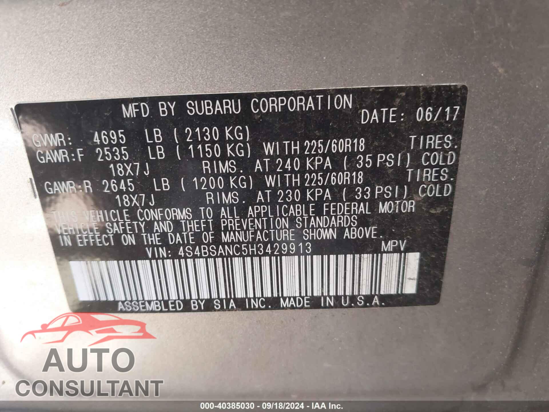 SUBARU OUTBACK 2017 - 4S4BSANC5H3429913