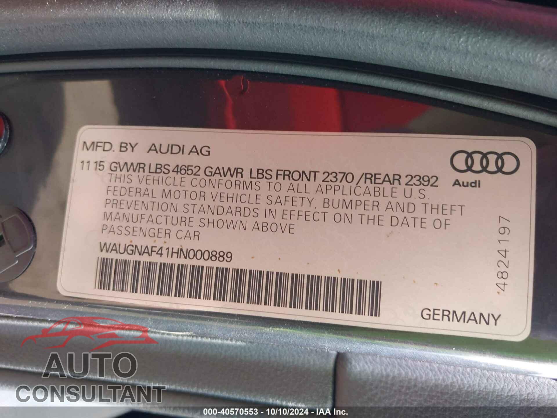 AUDI A4 2017 - WAUGNAF41HN000889