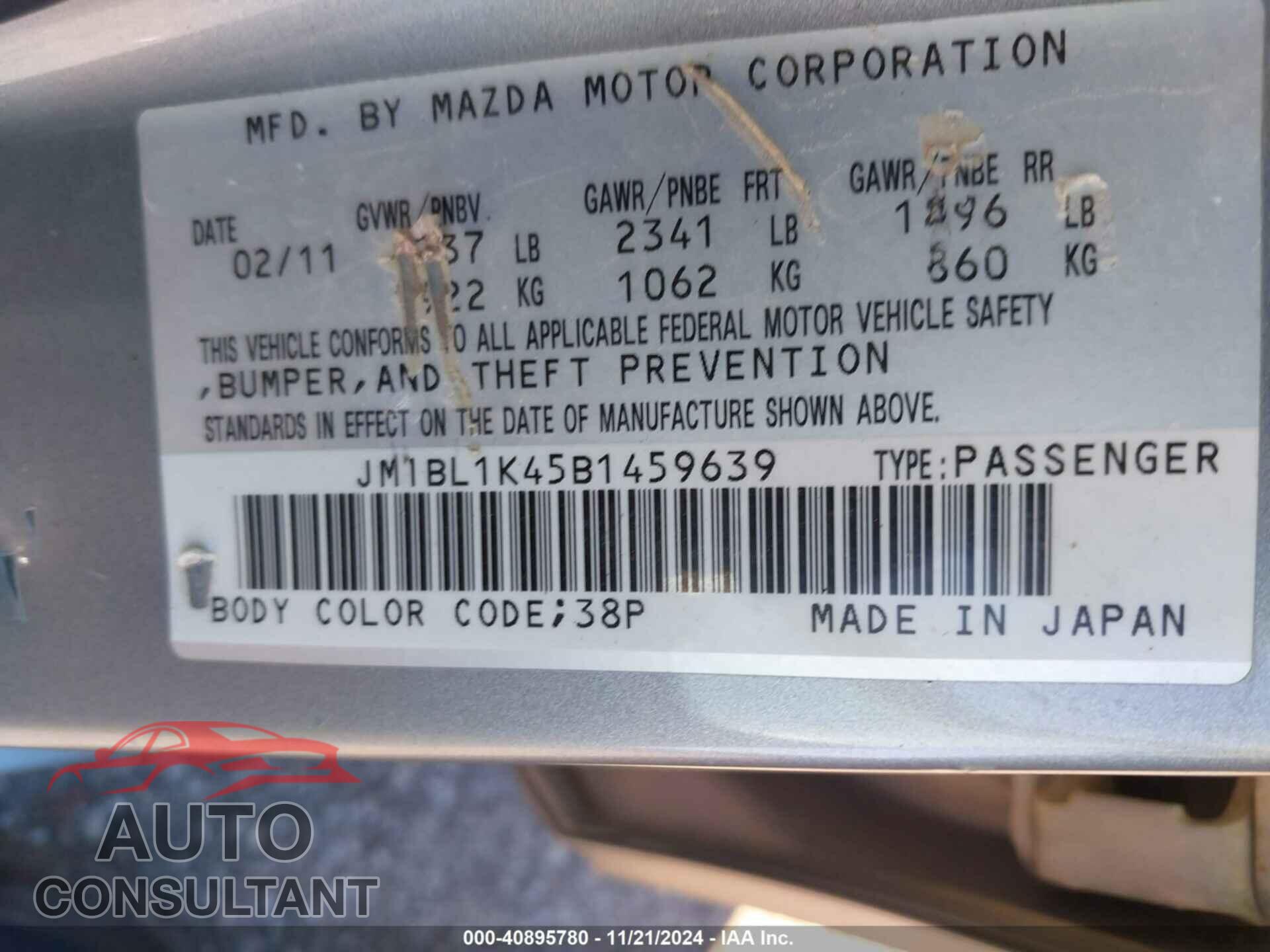 MAZDA MAZDASPEED3 2011 - JM1BL1K45B1459639