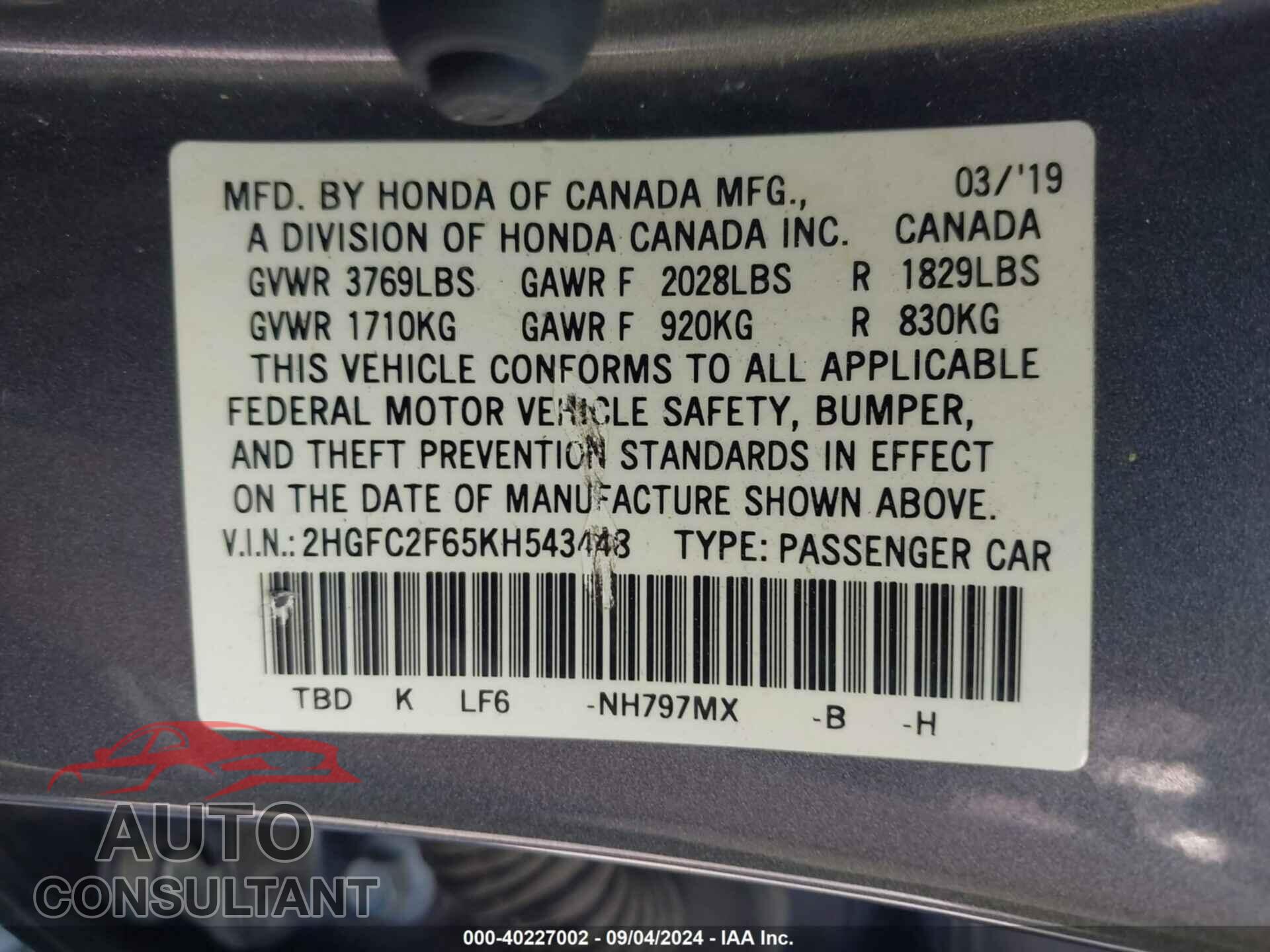 HONDA CIVIC 2019 - 2HGFC2F65KH543448