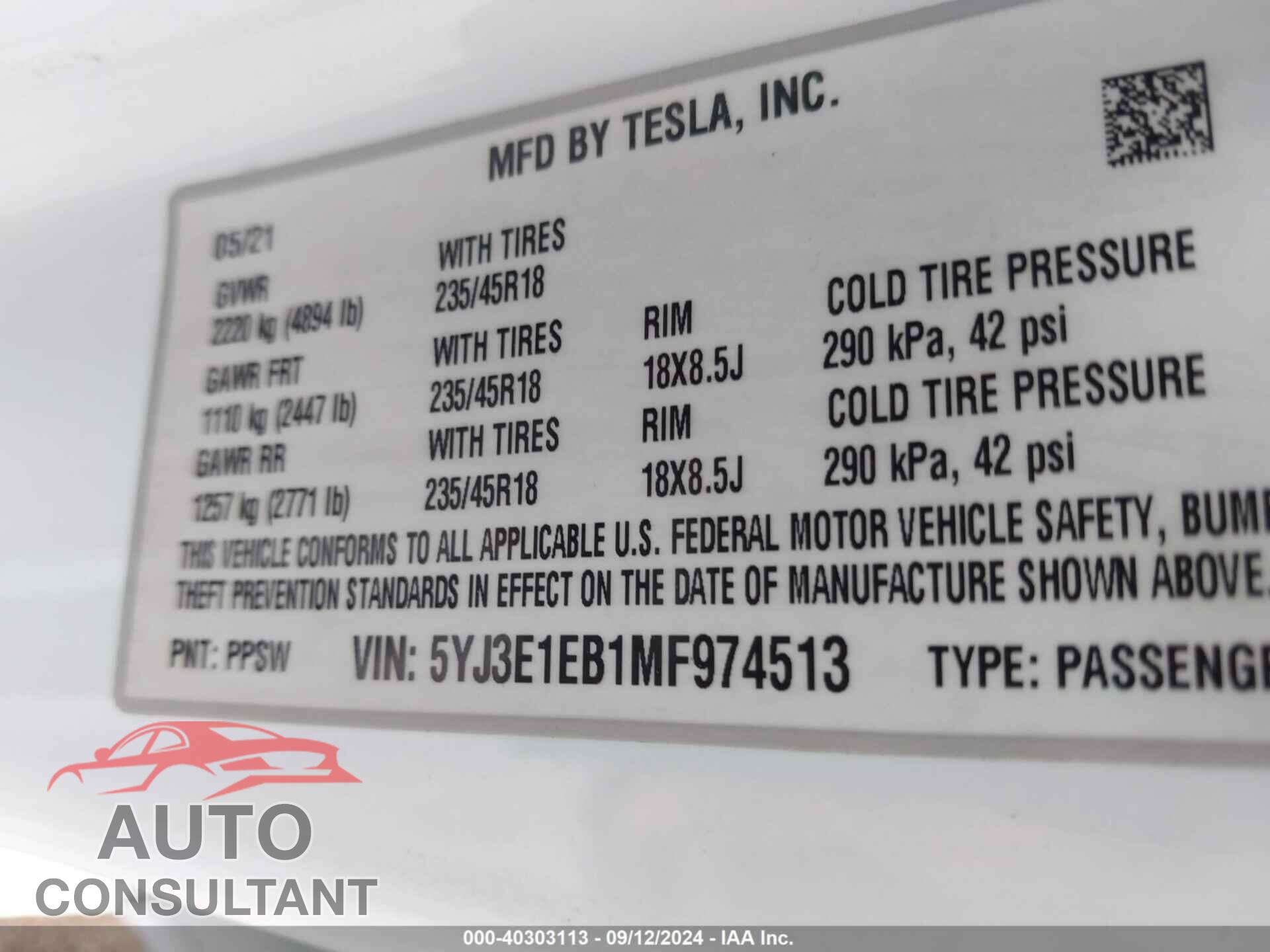 TESLA MODEL 3 2021 - 5YJ3E1EB1MF974513