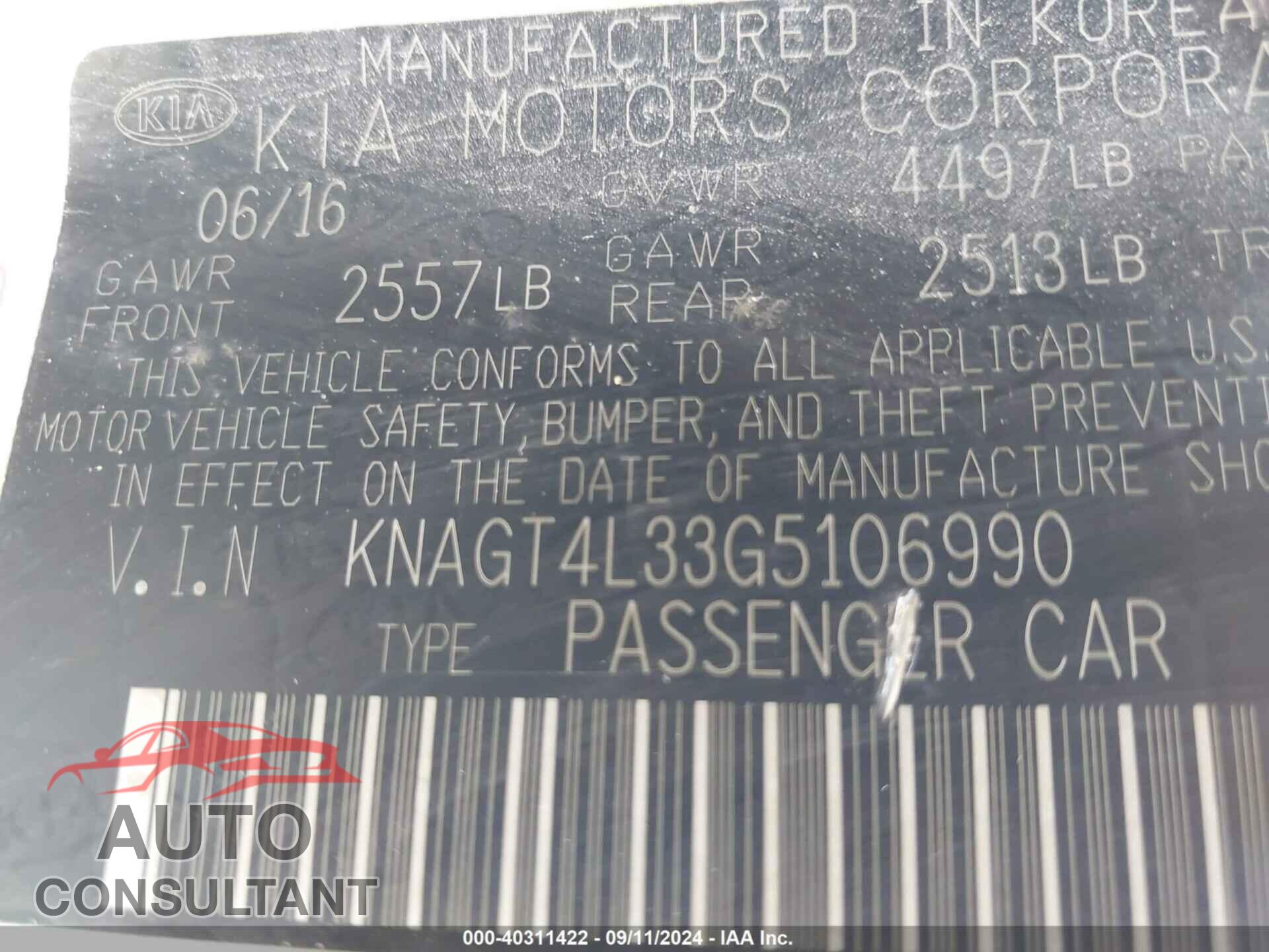 KIA OPTIMA 2016 - KNAGT4L33G5106990