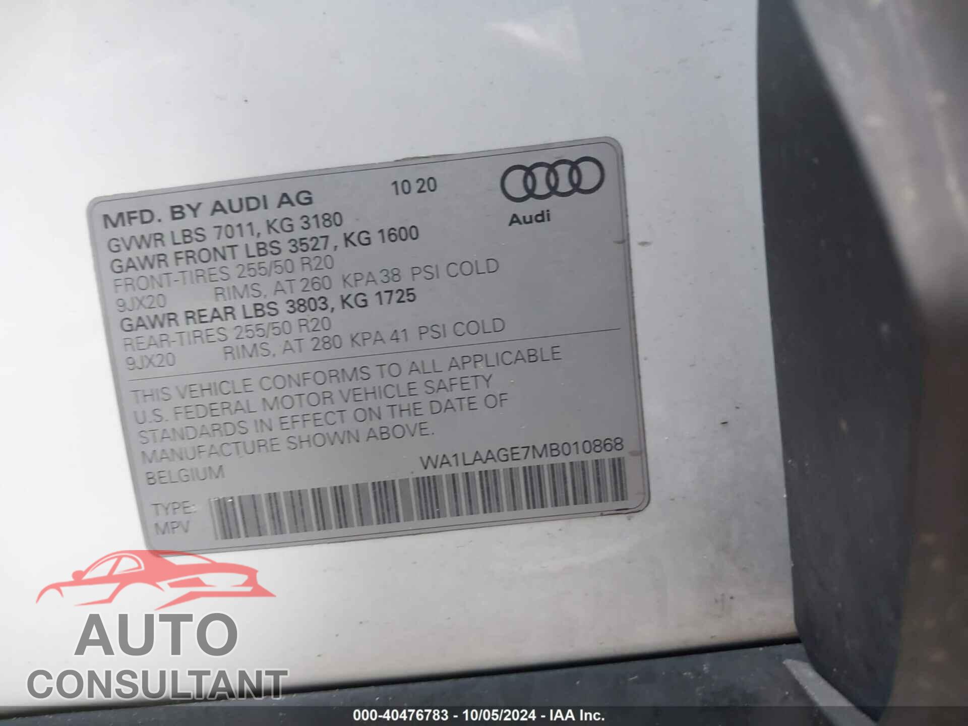 AUDI E-TRON 2021 - WA1LAAGE7MB010868