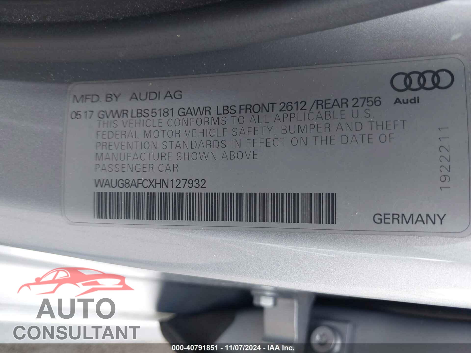 AUDI A6 2017 - WAUG8AFCXHN127932