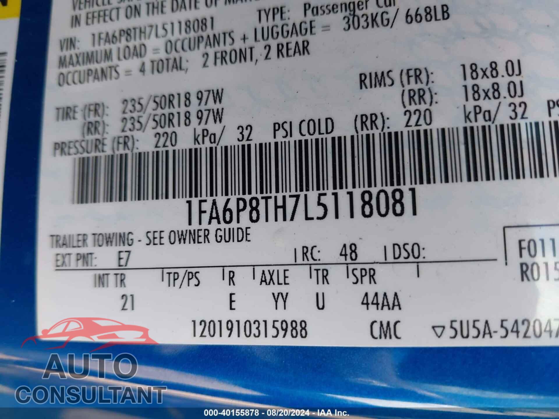 FORD MUSTANG 2020 - 1FA6P8TH7L5118081