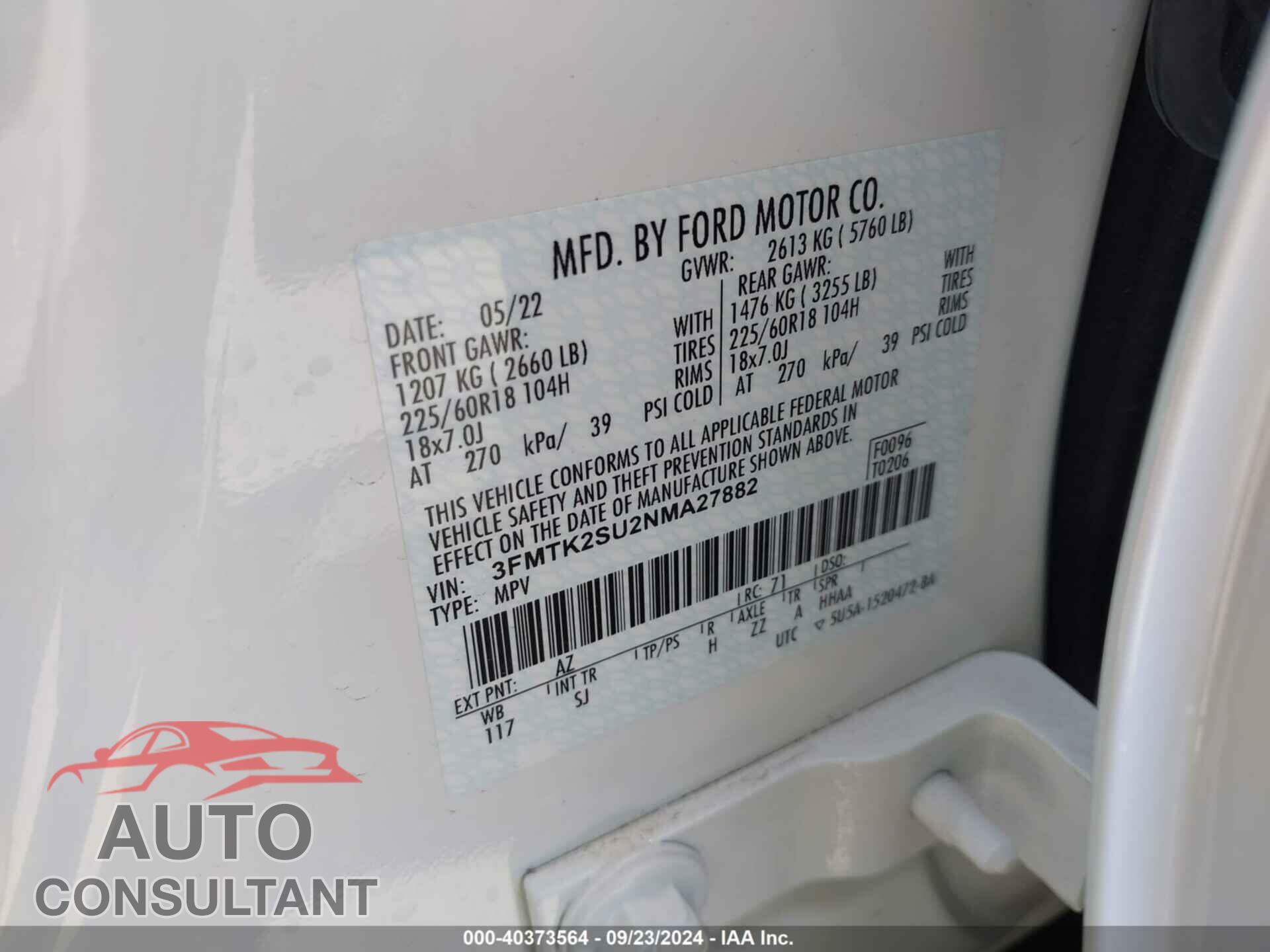 FORD MUSTANG MACH-E 2022 - 3FMTK2SU2NMA27882