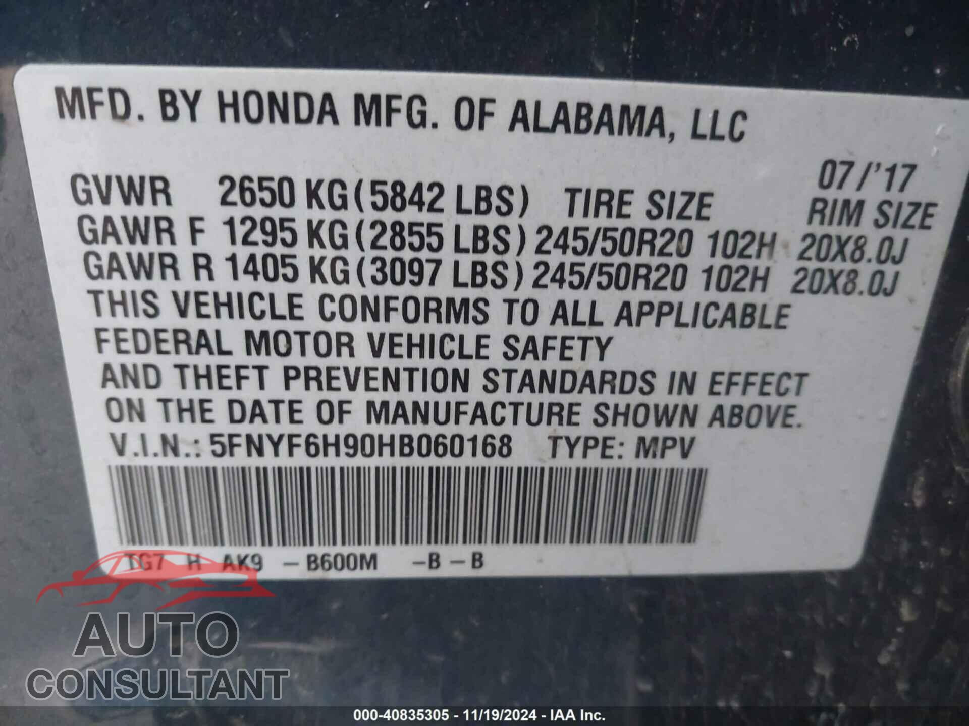 HONDA PILOT 2017 - 5FNYF6H90HB060168