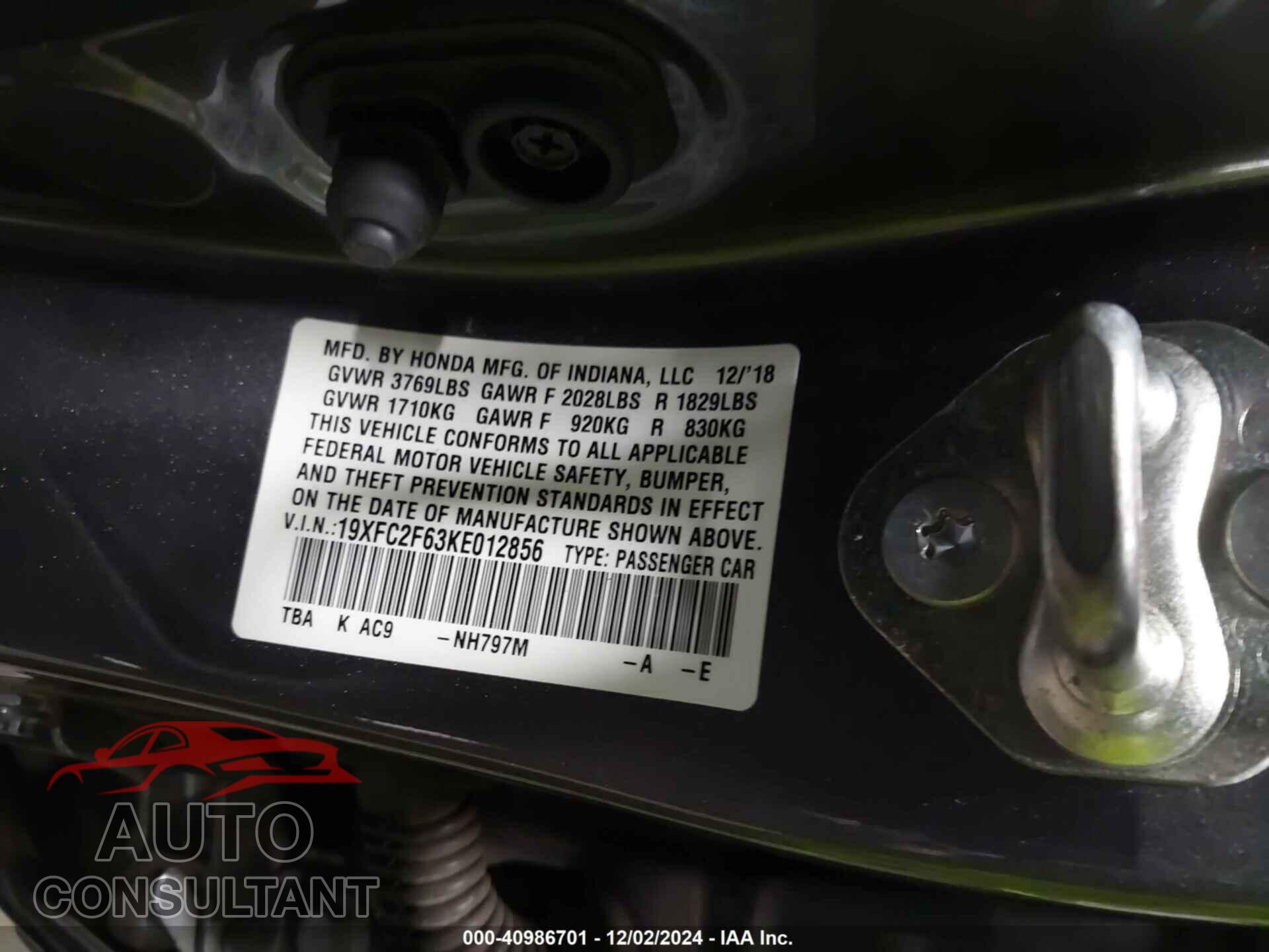 HONDA CIVIC 2019 - 19XFC2F63KE012856