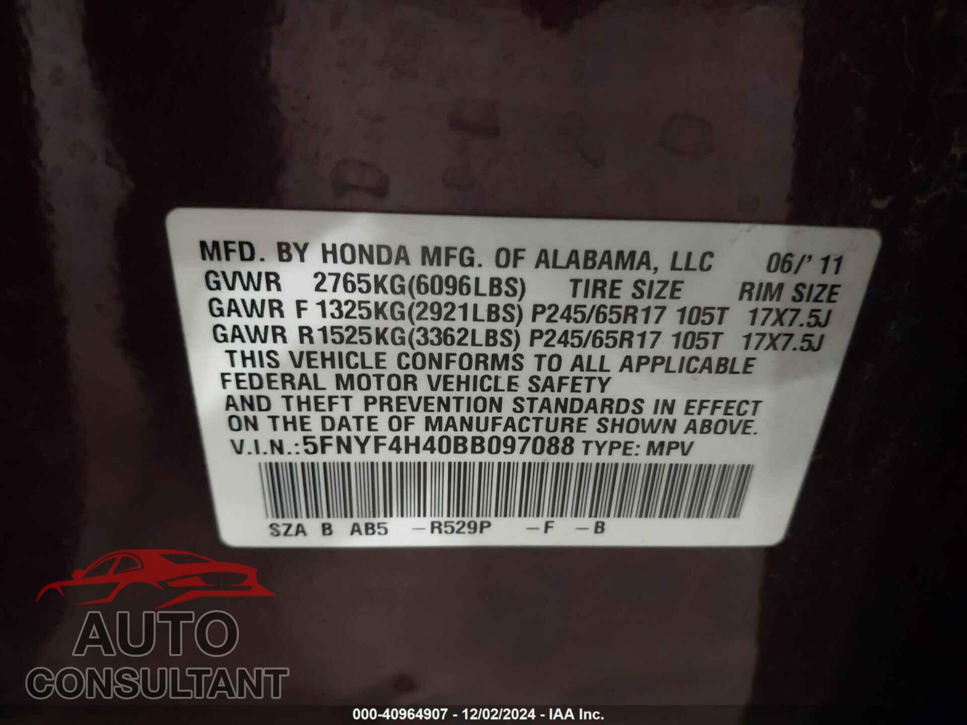 HONDA PILOT 2011 - 5FNYF4H40BB097088
