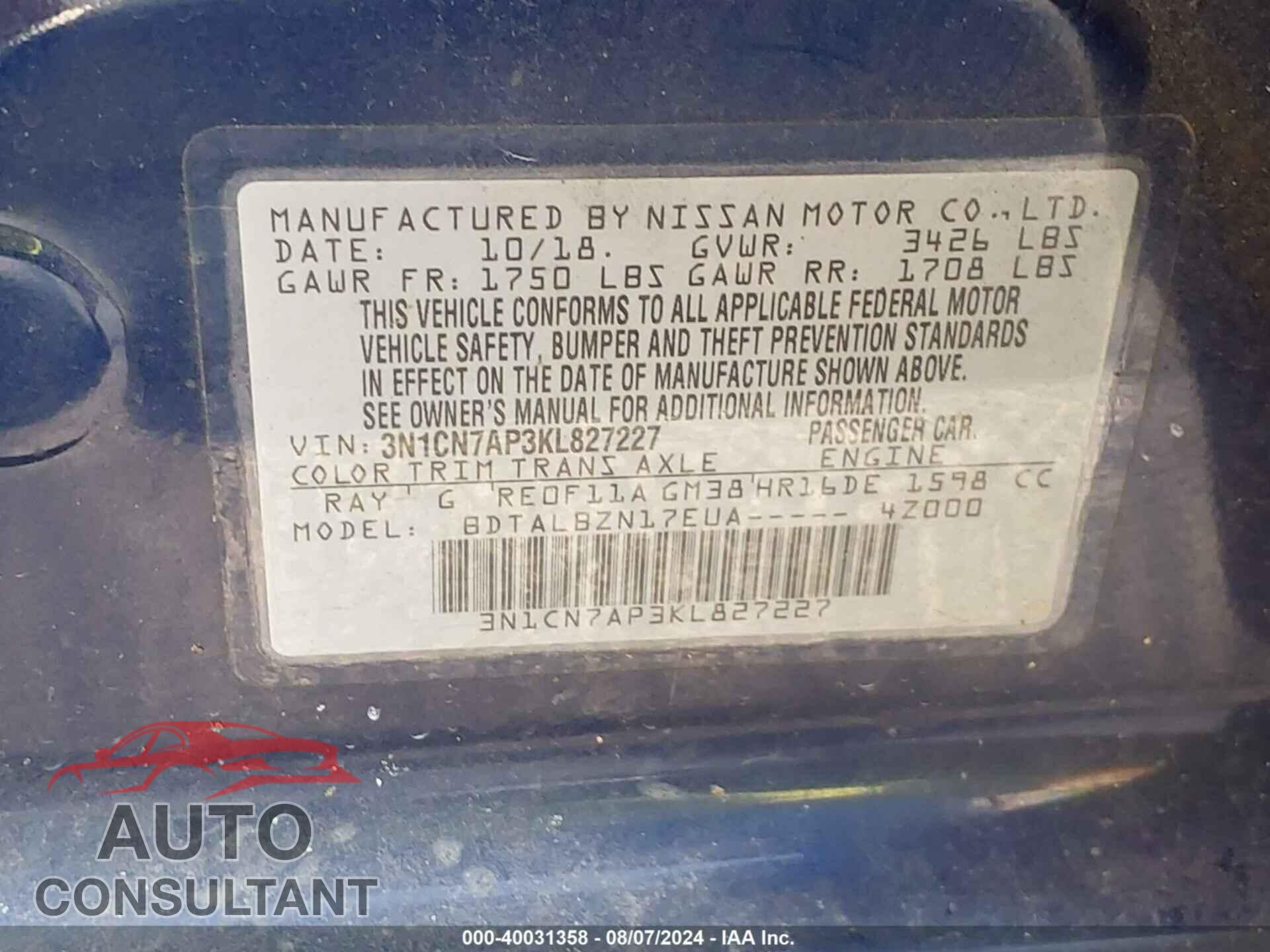 NISSAN VERSA 2019 - 3N1CN7AP3KL827227