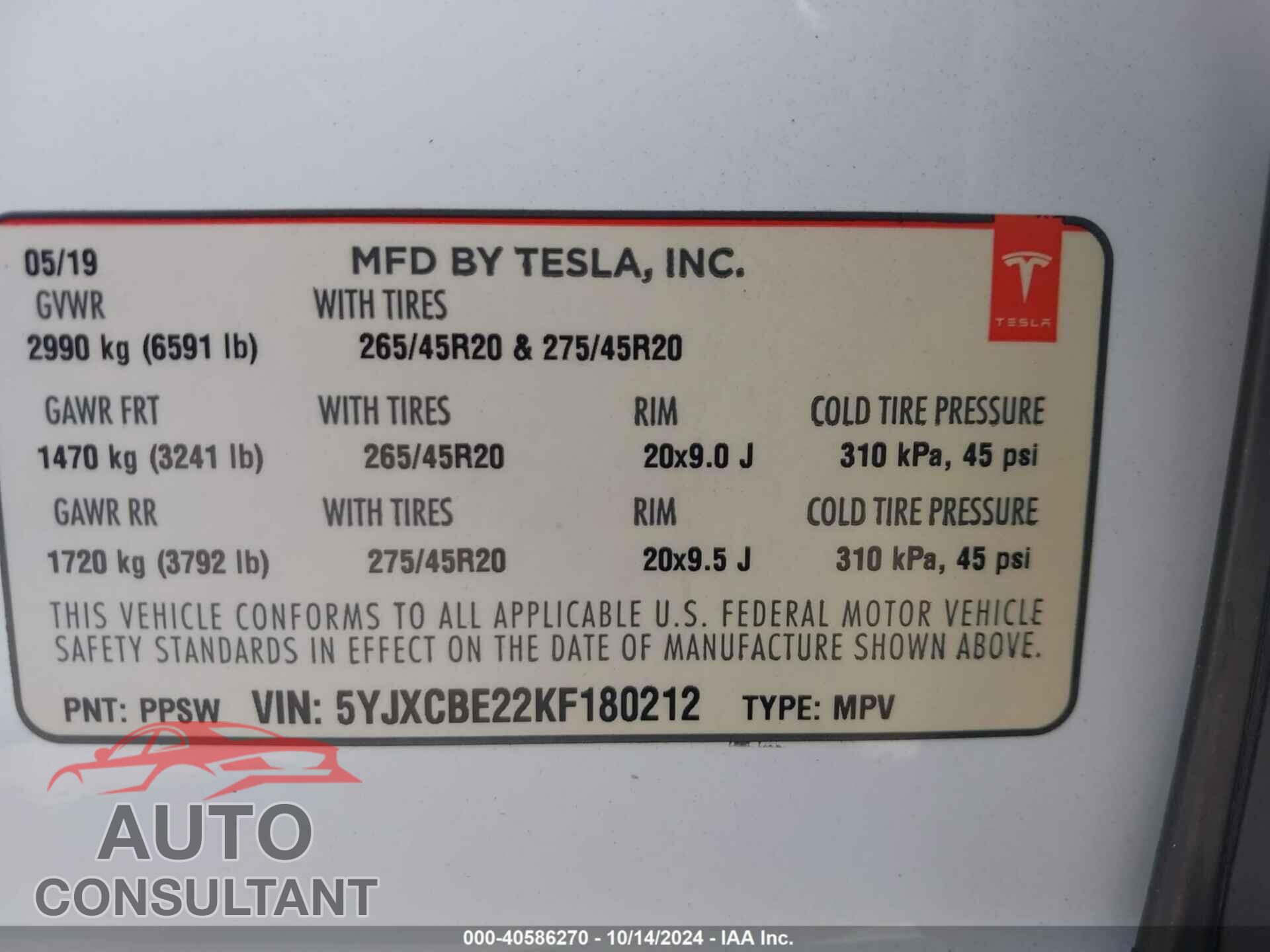 TESLA MODEL X 2019 - 5YJXCBE22KF180212