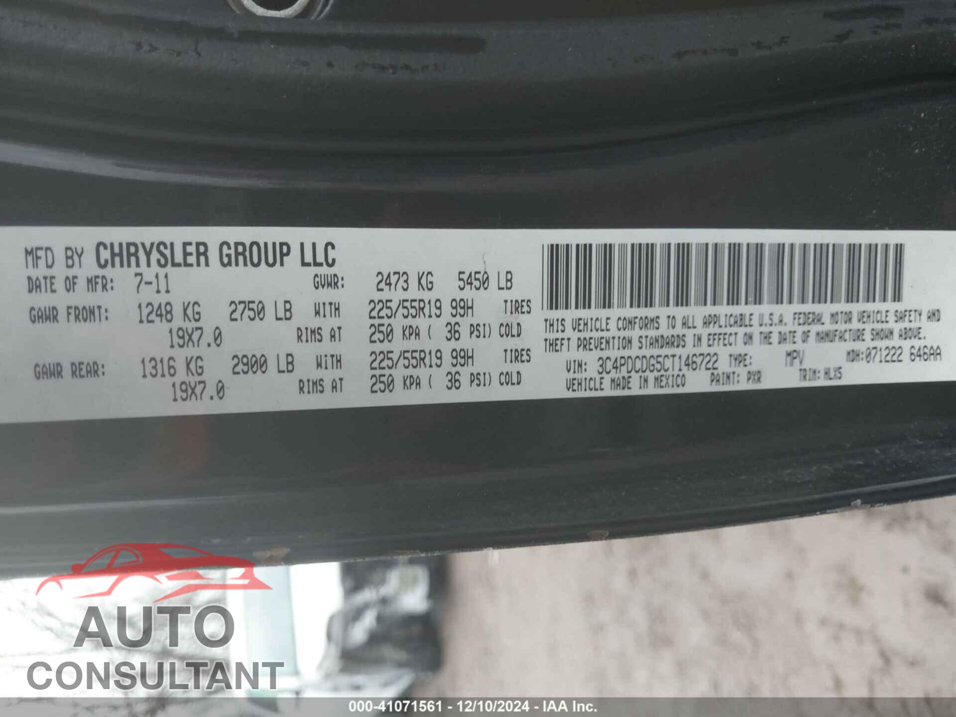 DODGE JOURNEY 2012 - 3C4PDCDG5CT146722