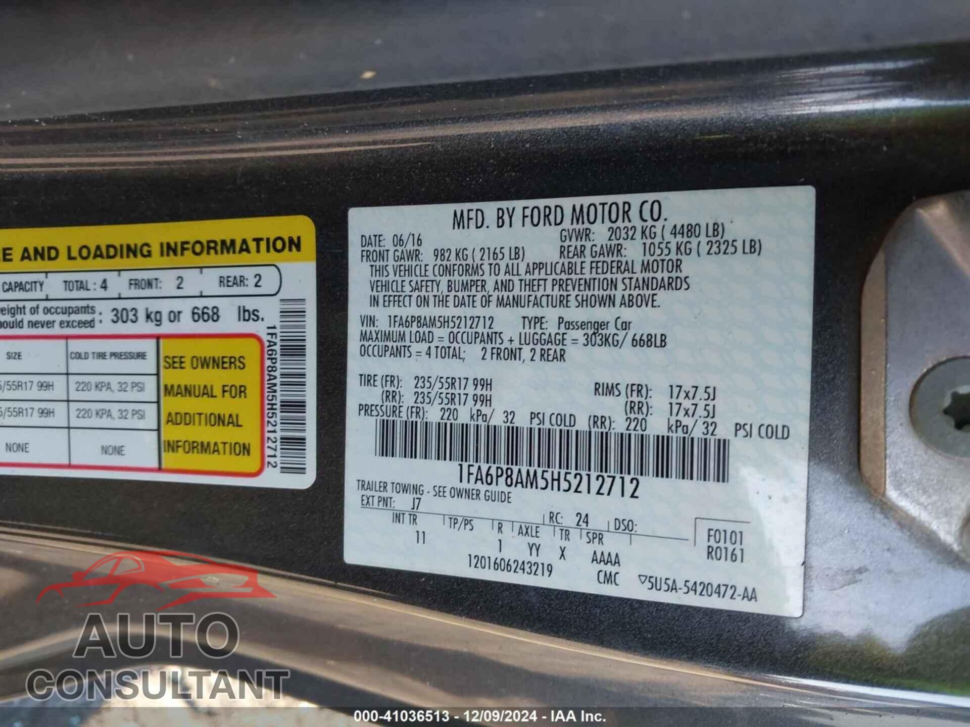 FORD MUSTANG 2017 - 1FA6P8AM5H5212712
