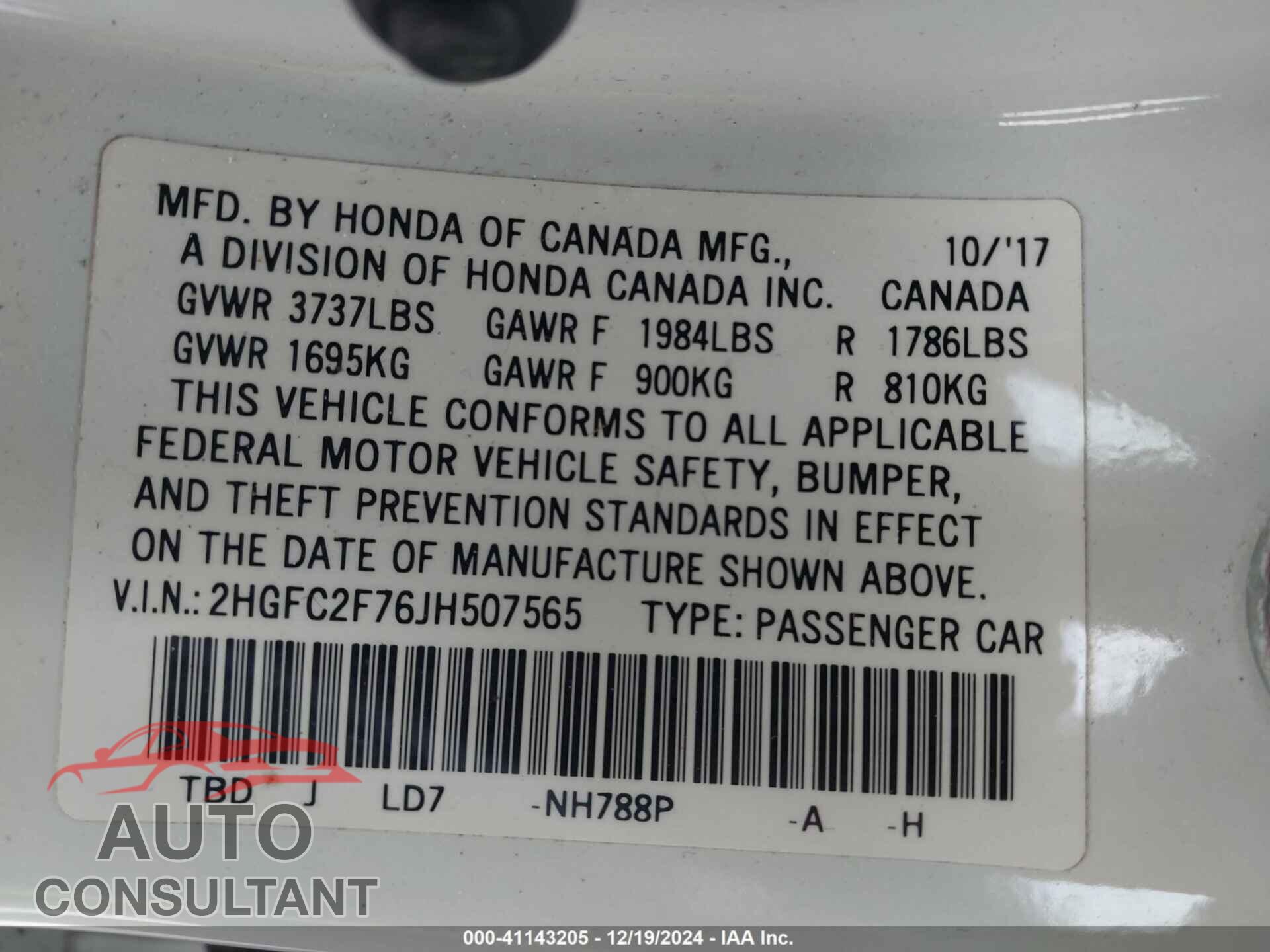 HONDA CIVIC 2018 - 2HGFC2F76JH507565