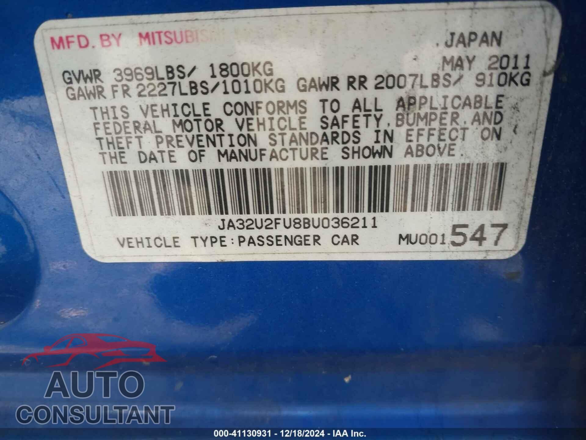 MITSUBISHI LANCER 2011 - JA32U2FU8BU036211