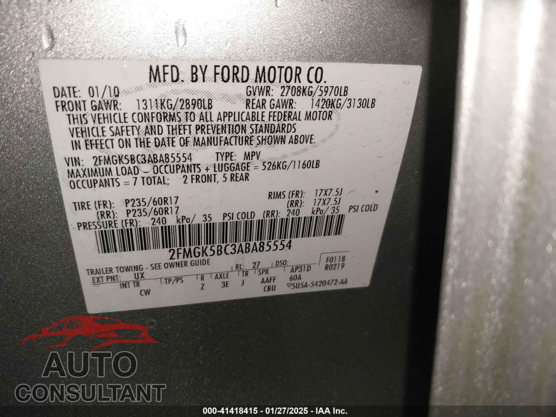 FORD FLEX 2010 - 2FMGK5BC3ABA85554