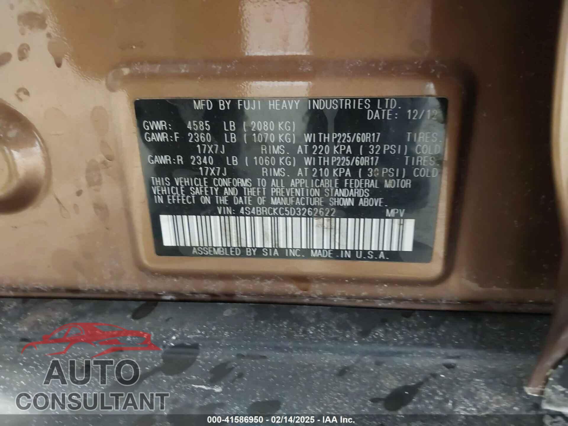 SUBARU OUTBACK 2013 - 4S4BRCKC5D3262622