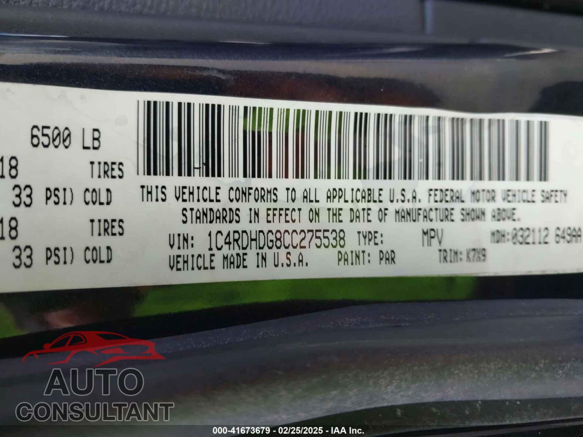 DODGE DURANGO 2012 - 1C4RDHDG8CC275538