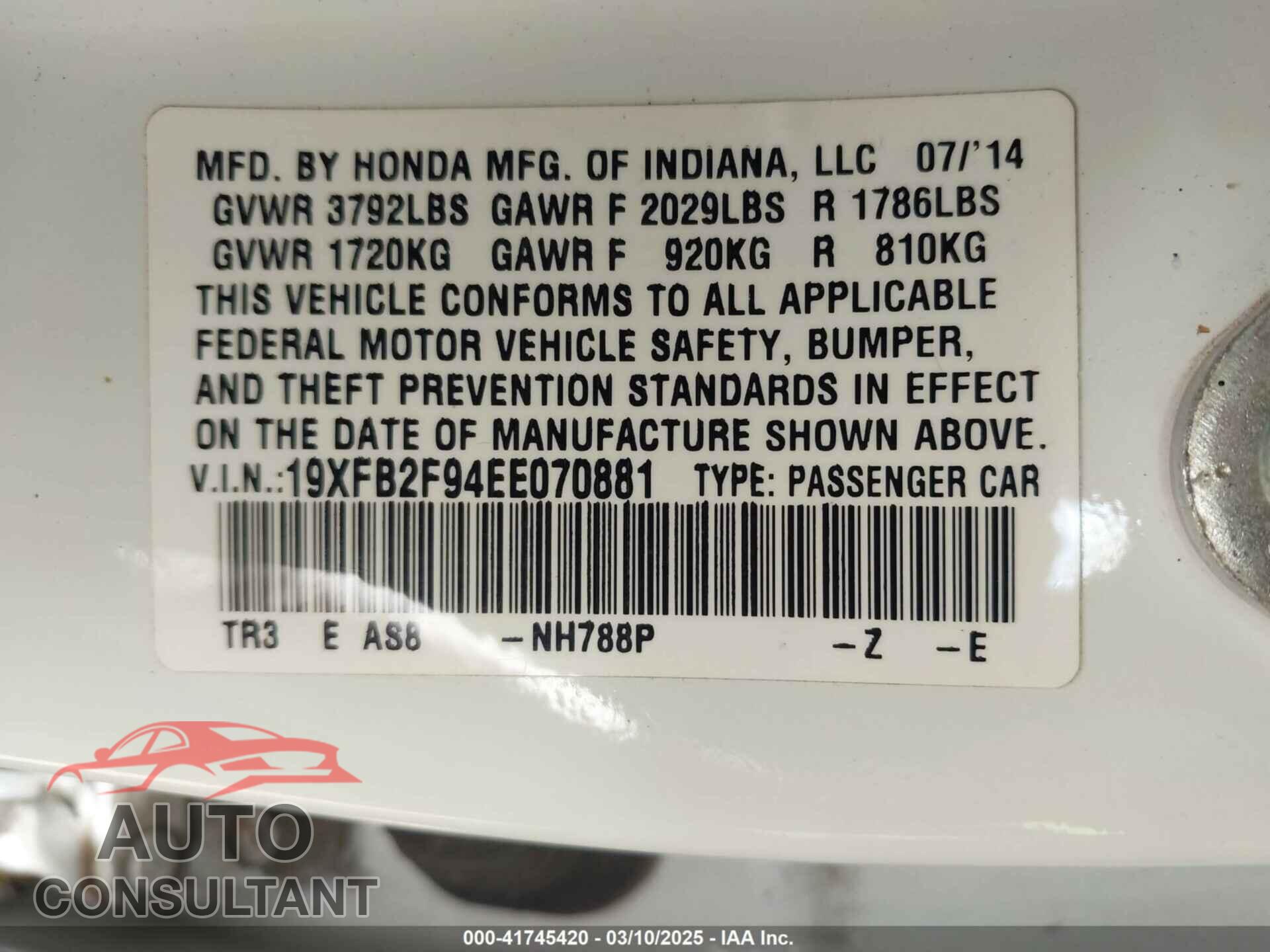 HONDA CIVIC 2014 - 19XFB2F94EE070881