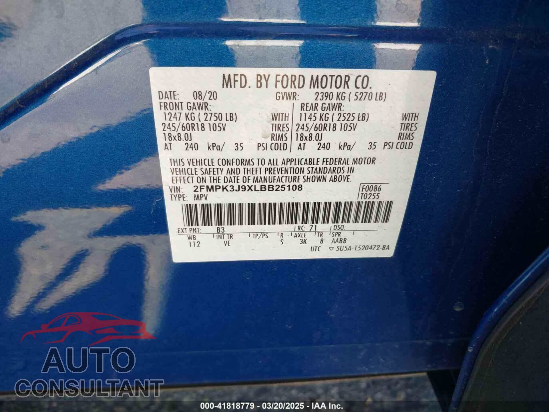 FORD EDGE 2020 - 2FMPK3J9XLBB25108