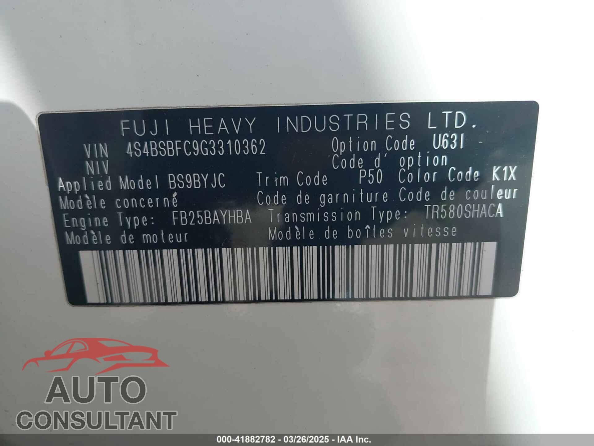 SUBARU OUTBACK 2016 - 4S4BSBFC9G3310362