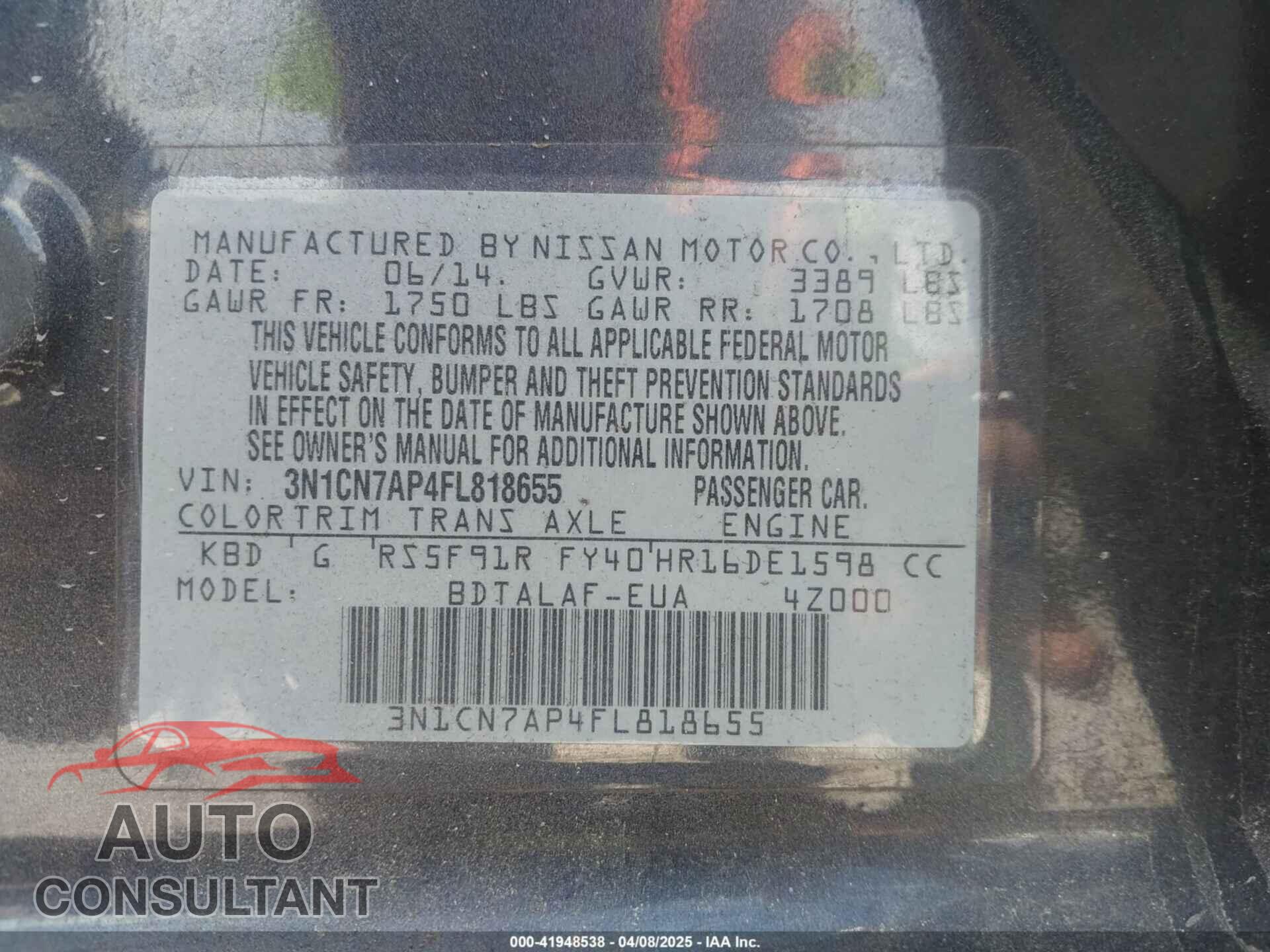 NISSAN VERSA 2015 - 3N1CN7AP4FL818655