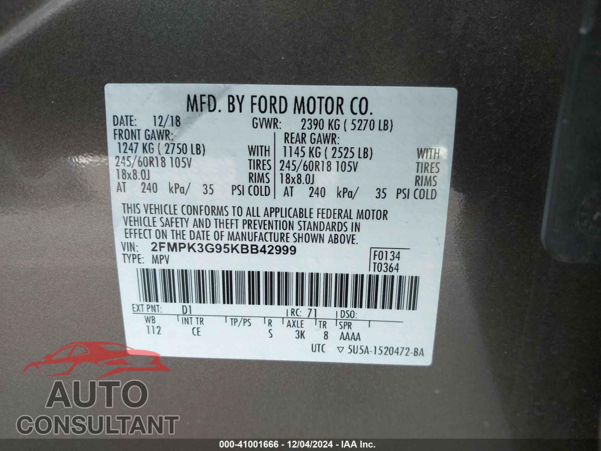 FORD EDGE 2019 - 2FMPK3G95KBB42999