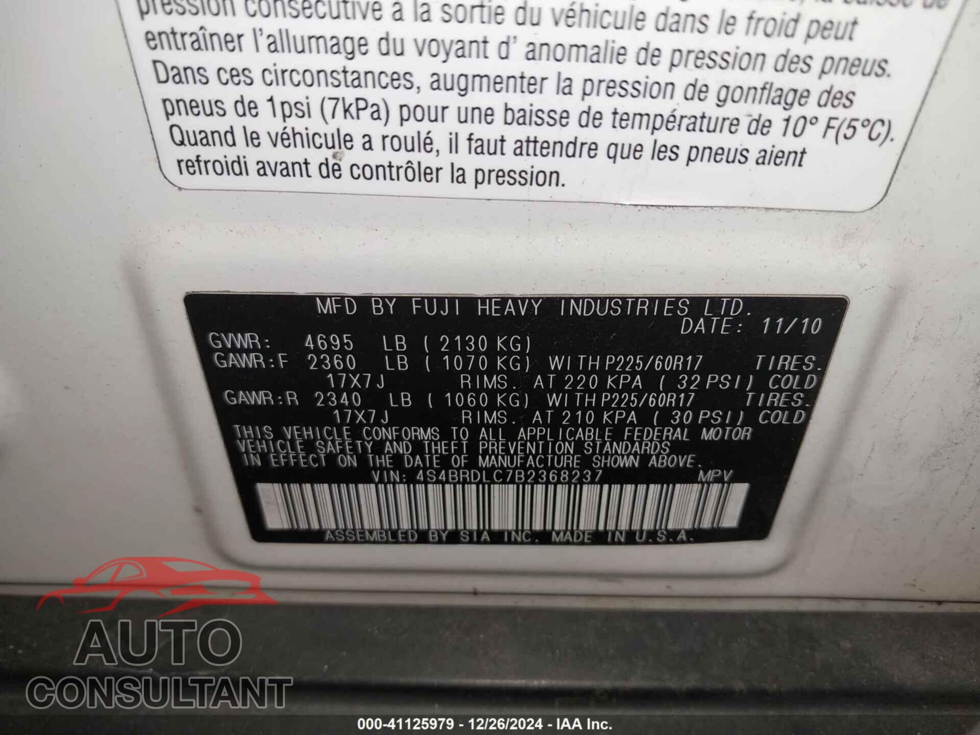 SUBARU OUTBACK 2011 - 4S4BRDLC7B2368237