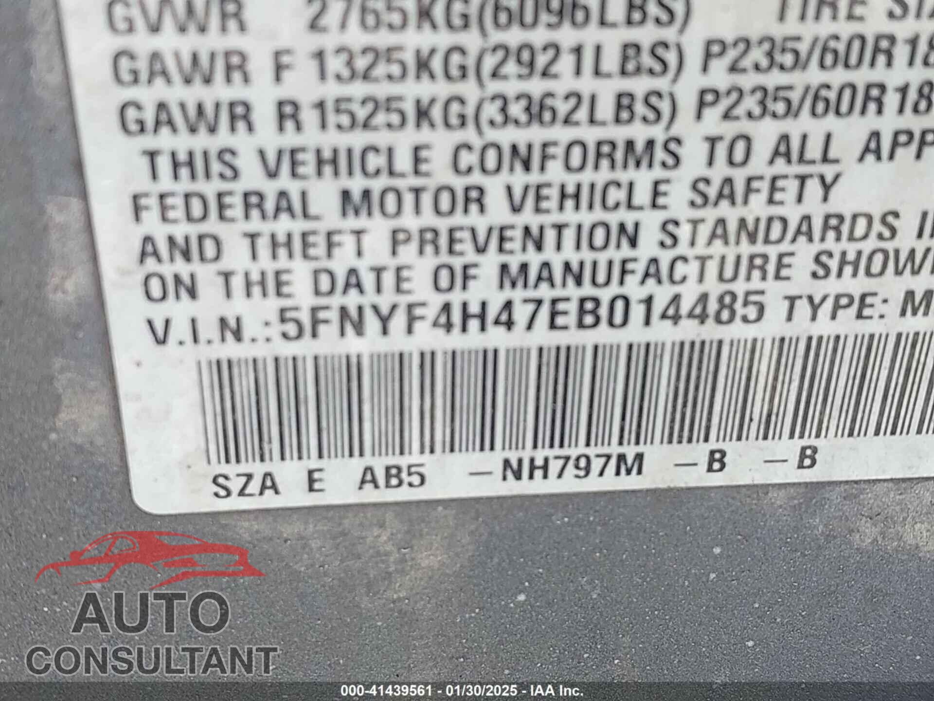 HONDA PILOT 2014 - 5FNYF4H47EB014485