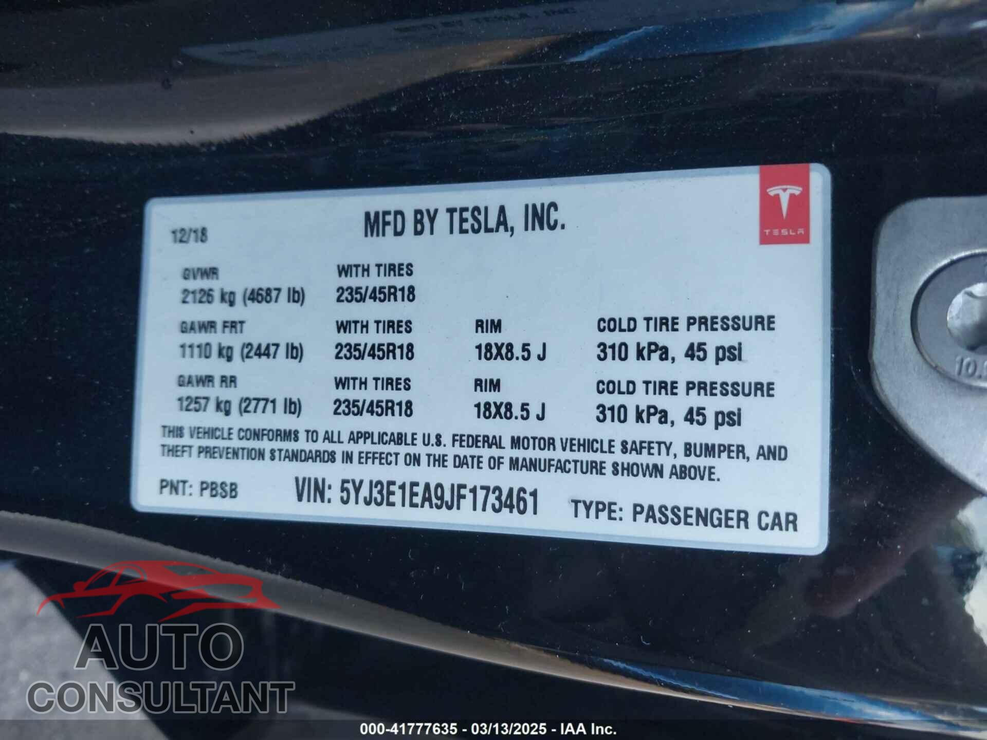 TESLA MODEL 3 2018 - 5YJ3E1EA9JF173461