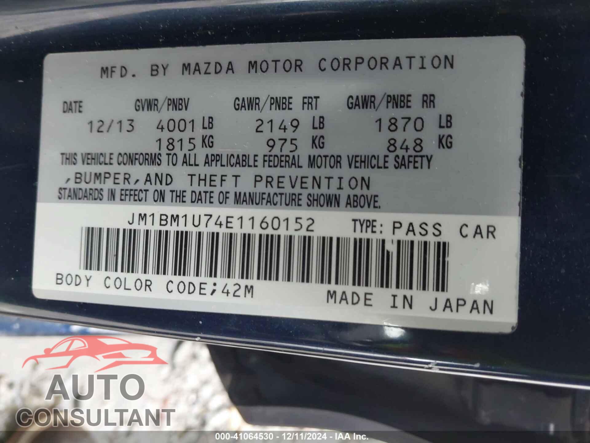 MAZDA MAZDA3 2014 - JM1BM1U74E1160152
