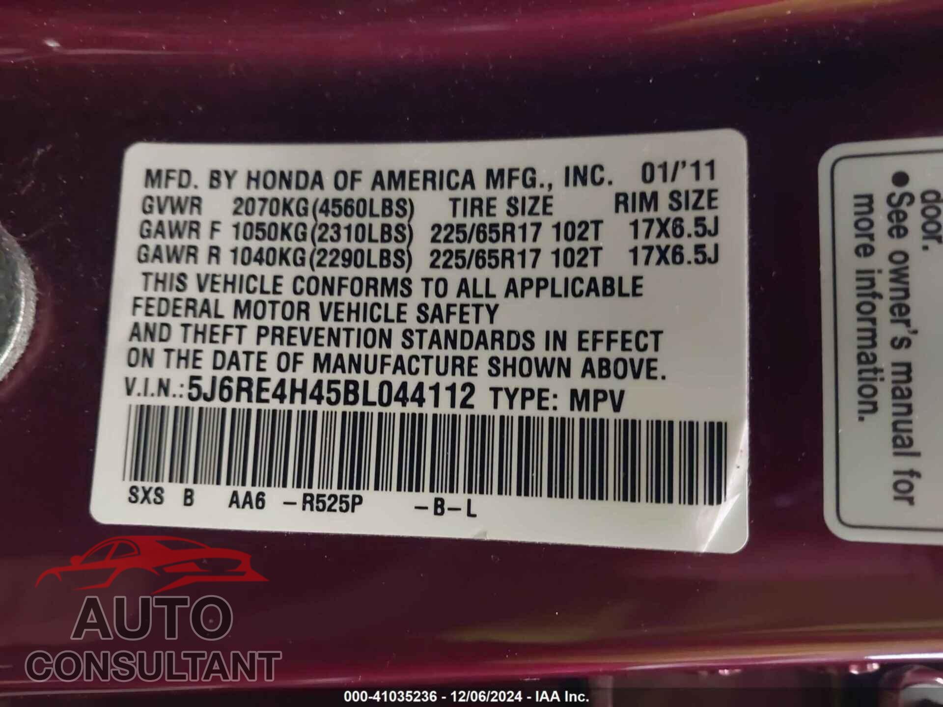 HONDA CR-V 2011 - 5J6RE4H45BL044112