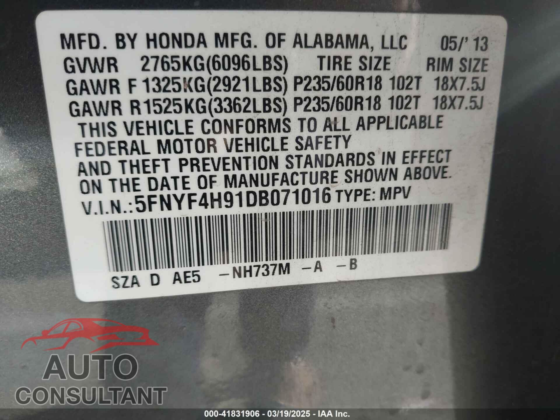 HONDA PILOT 2013 - 5FNYF4H91DB071016