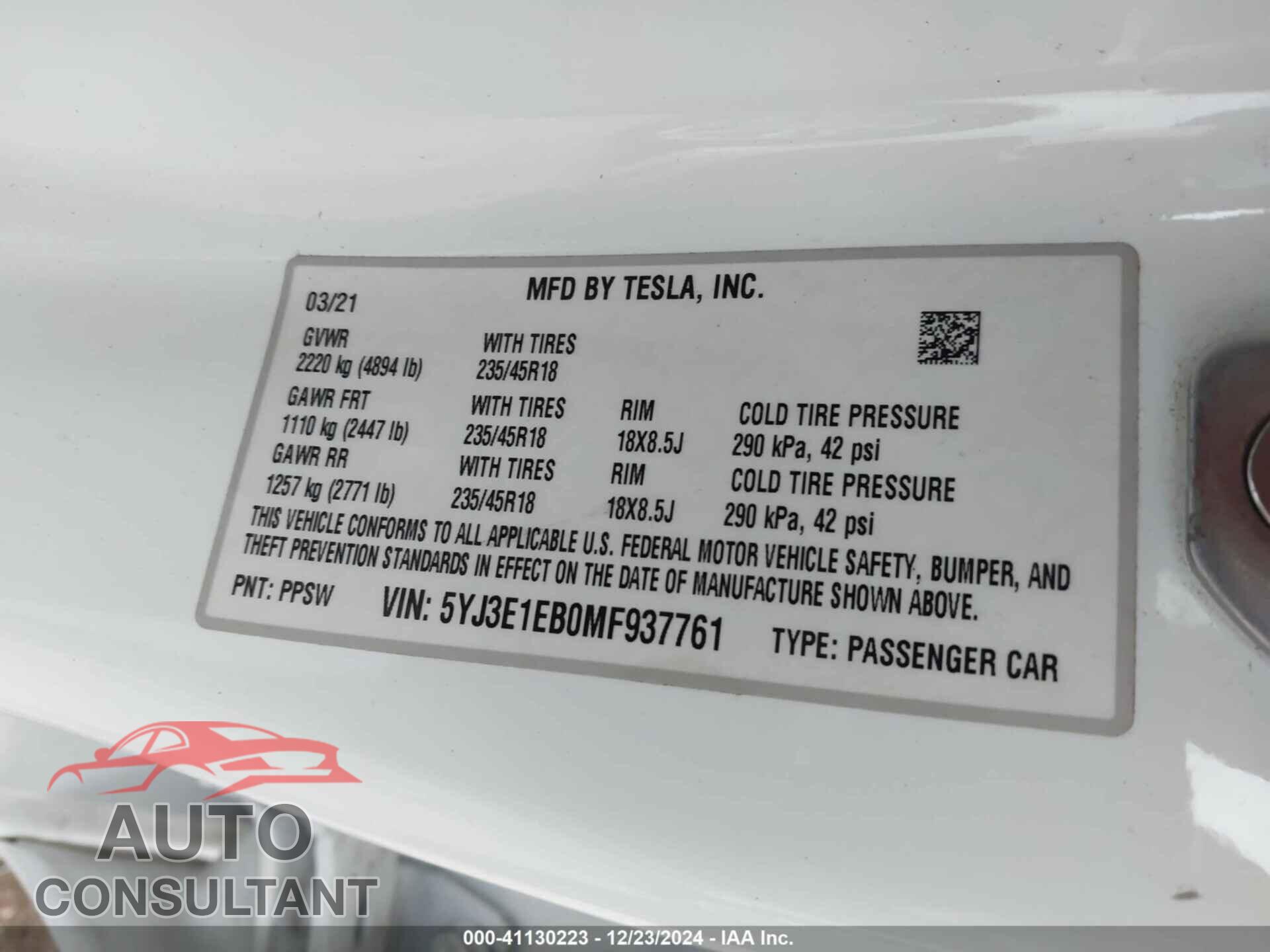 TESLA MODEL 3 2021 - 5YJ3E1EB0MF937761