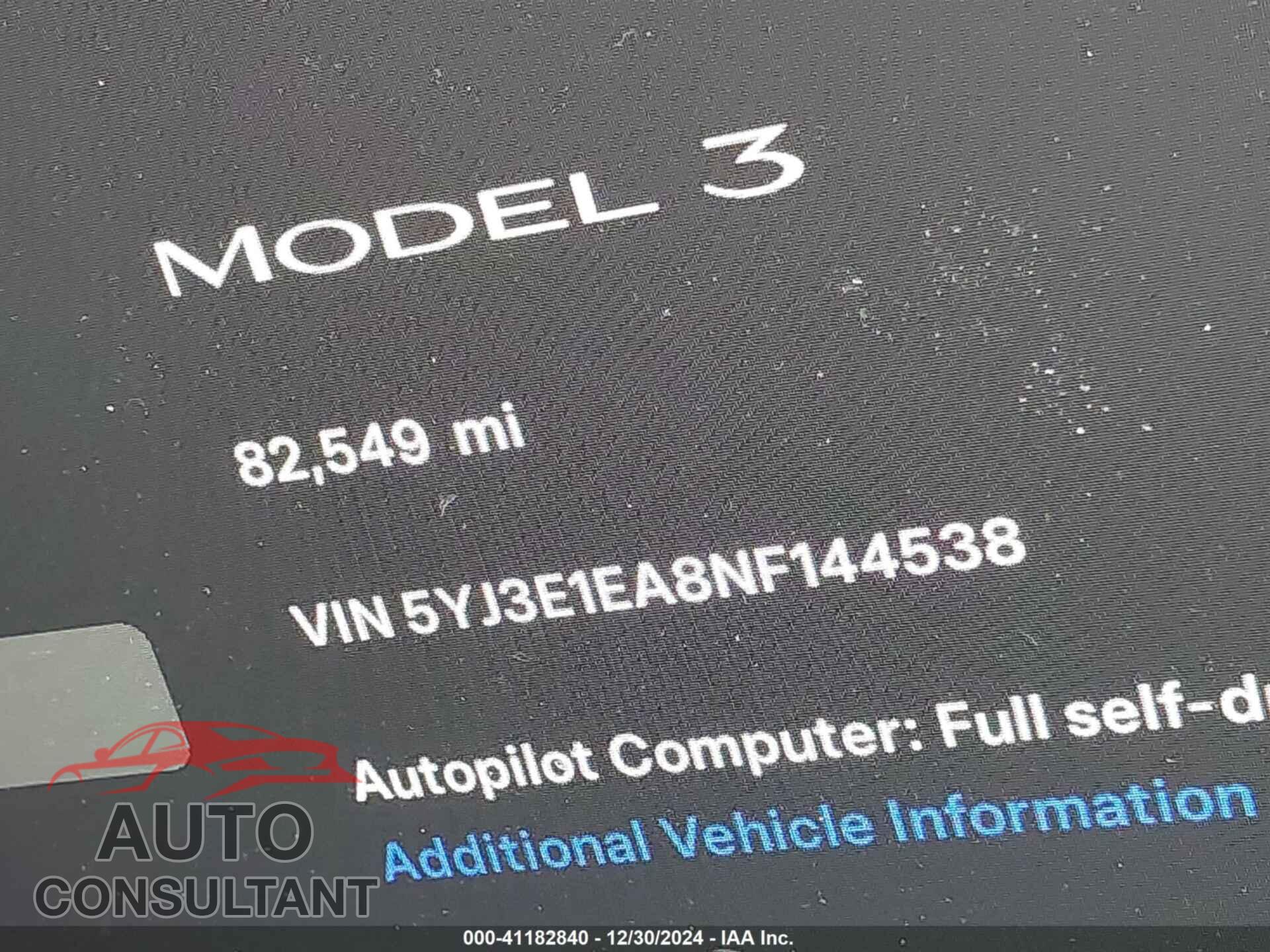 TESLA MODEL 3 2022 - 5YJ3E1EA8NF144538