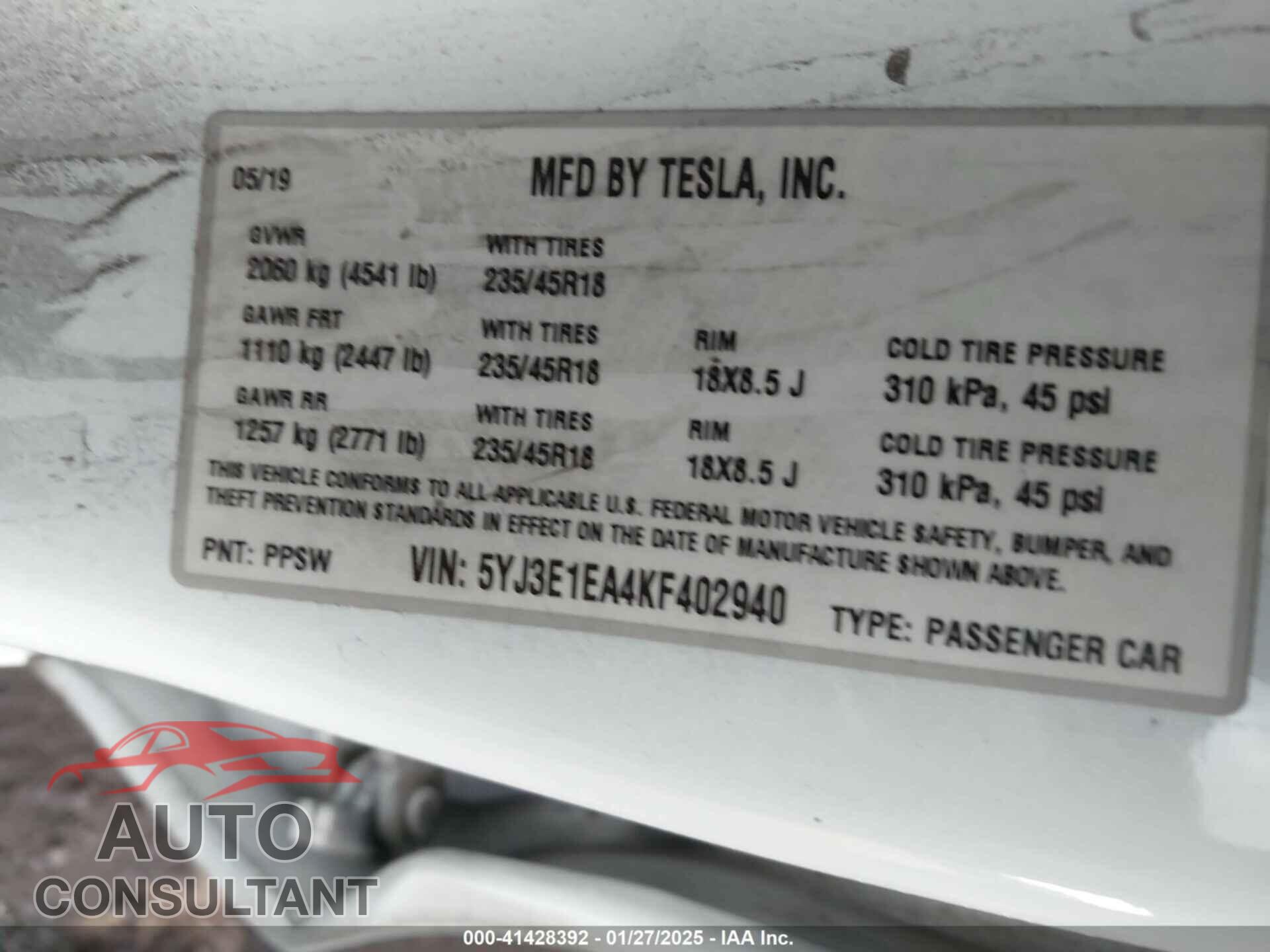 TESLA MODEL 3 2019 - 5YJ3E1EA4KF402940