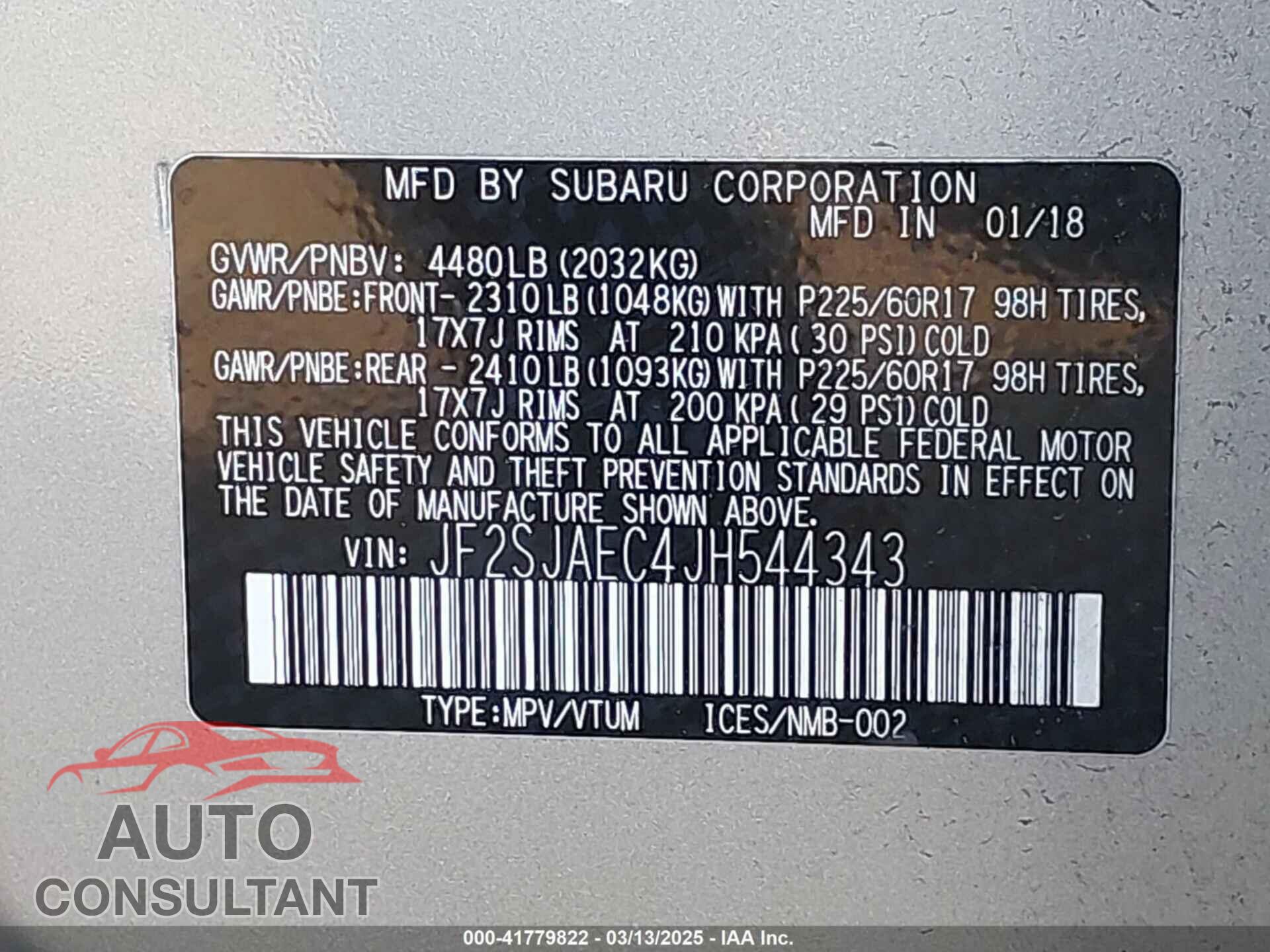 SUBARU FORESTER 2018 - JF2SJAEC4JH544343