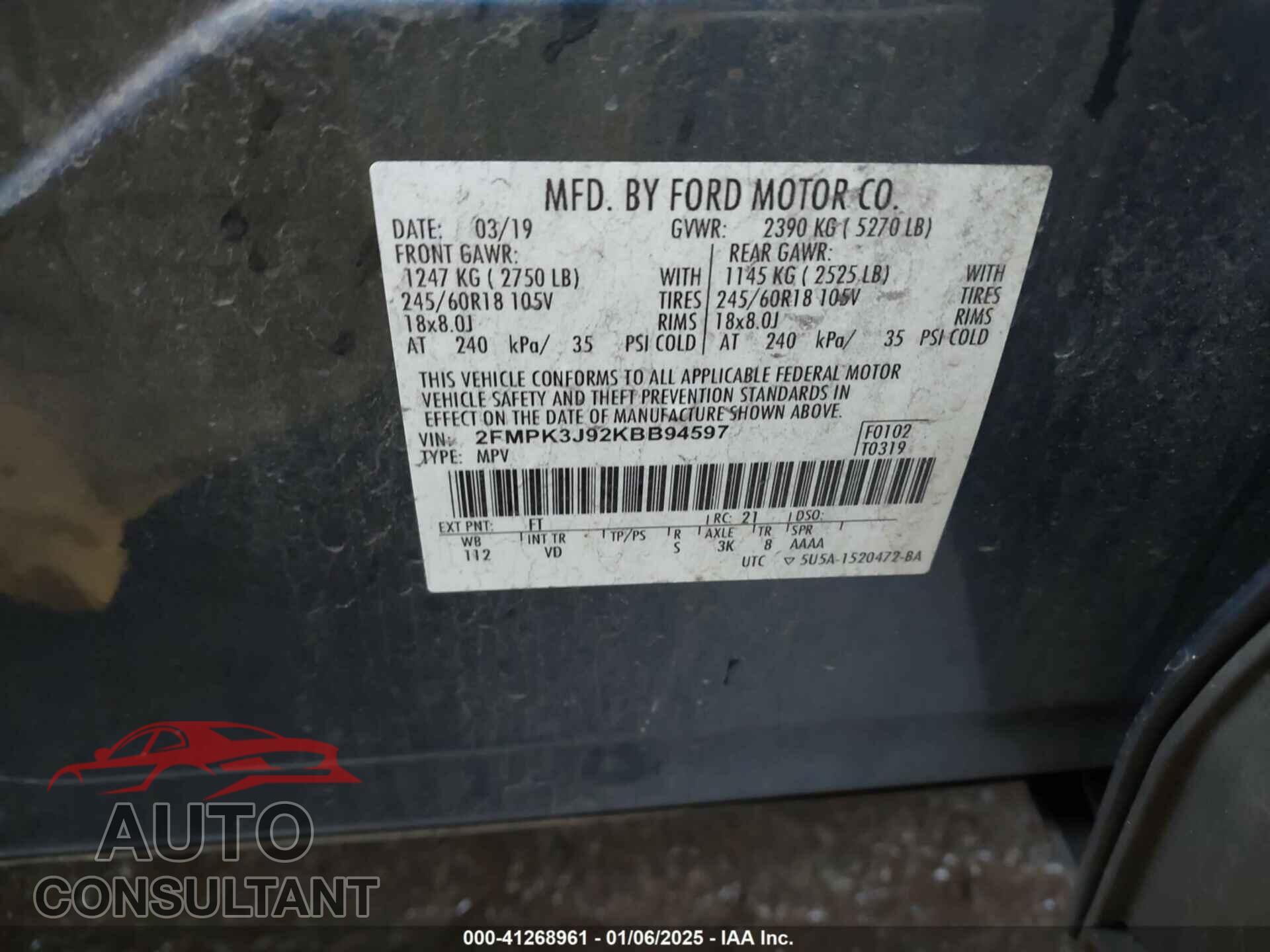 FORD EDGE 2019 - 2FMPK3J92KBB94597