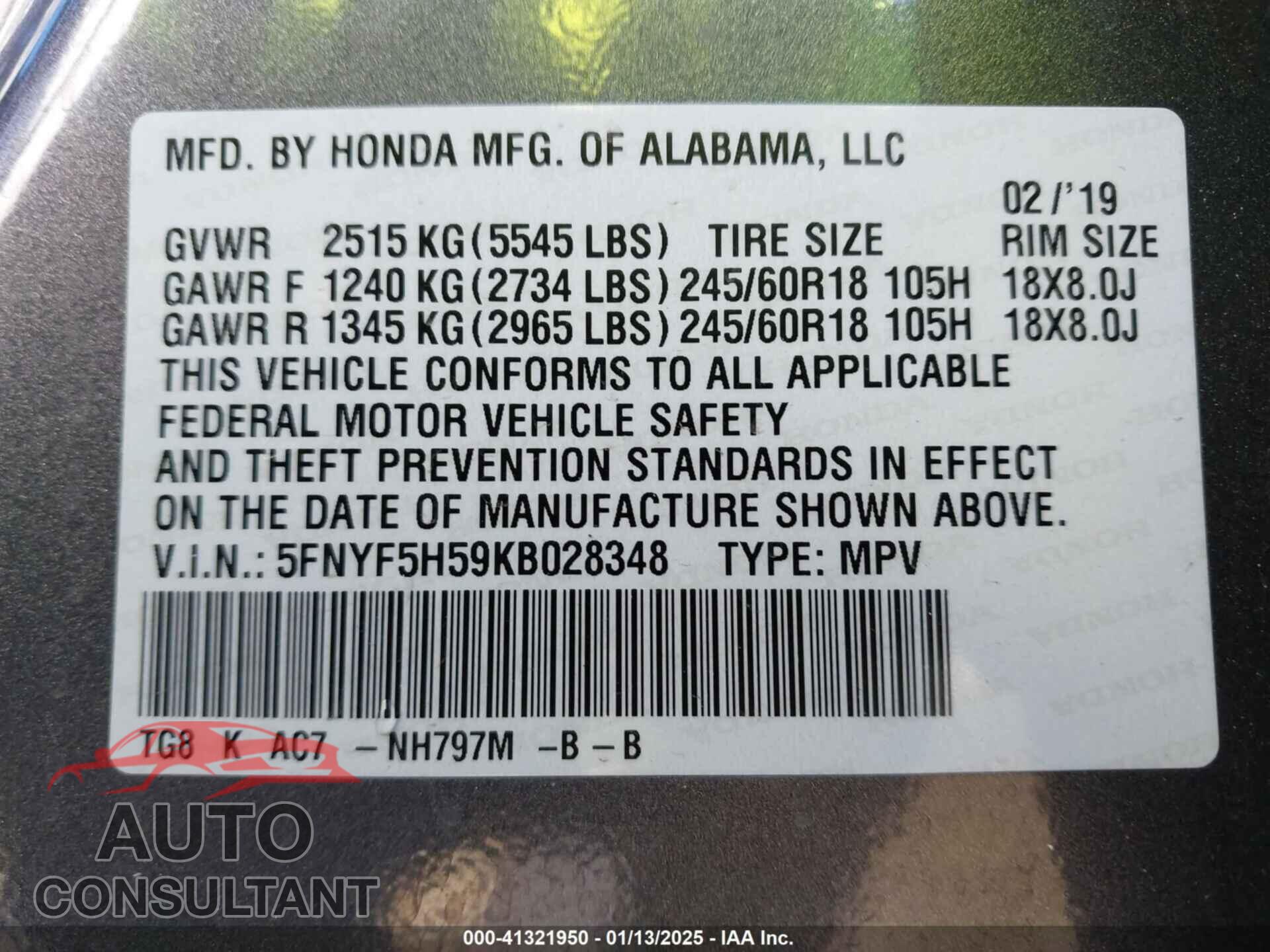 HONDA PILOT 2019 - 5FNYF5H59KB028348