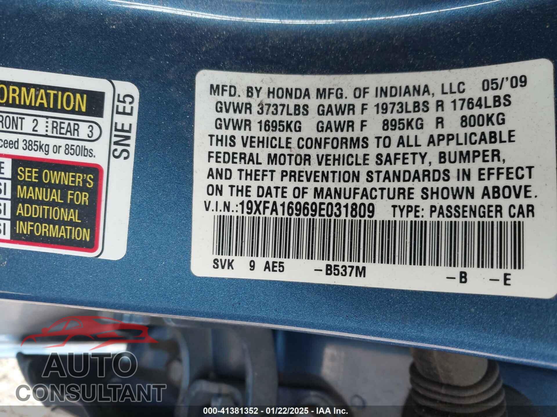 HONDA CIVIC 2009 - 19XFA16969E031809