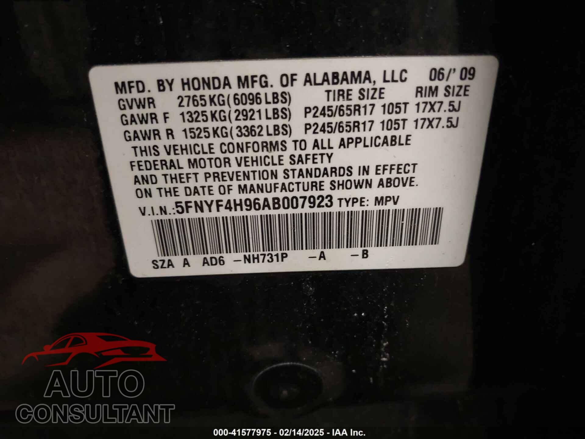 HONDA PILOT 2010 - 5FNYF4H96AB007923