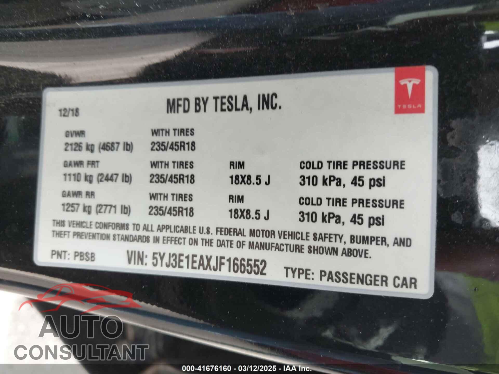 TESLA MODEL 3 2018 - 5YJ3E1EAXJF166552
