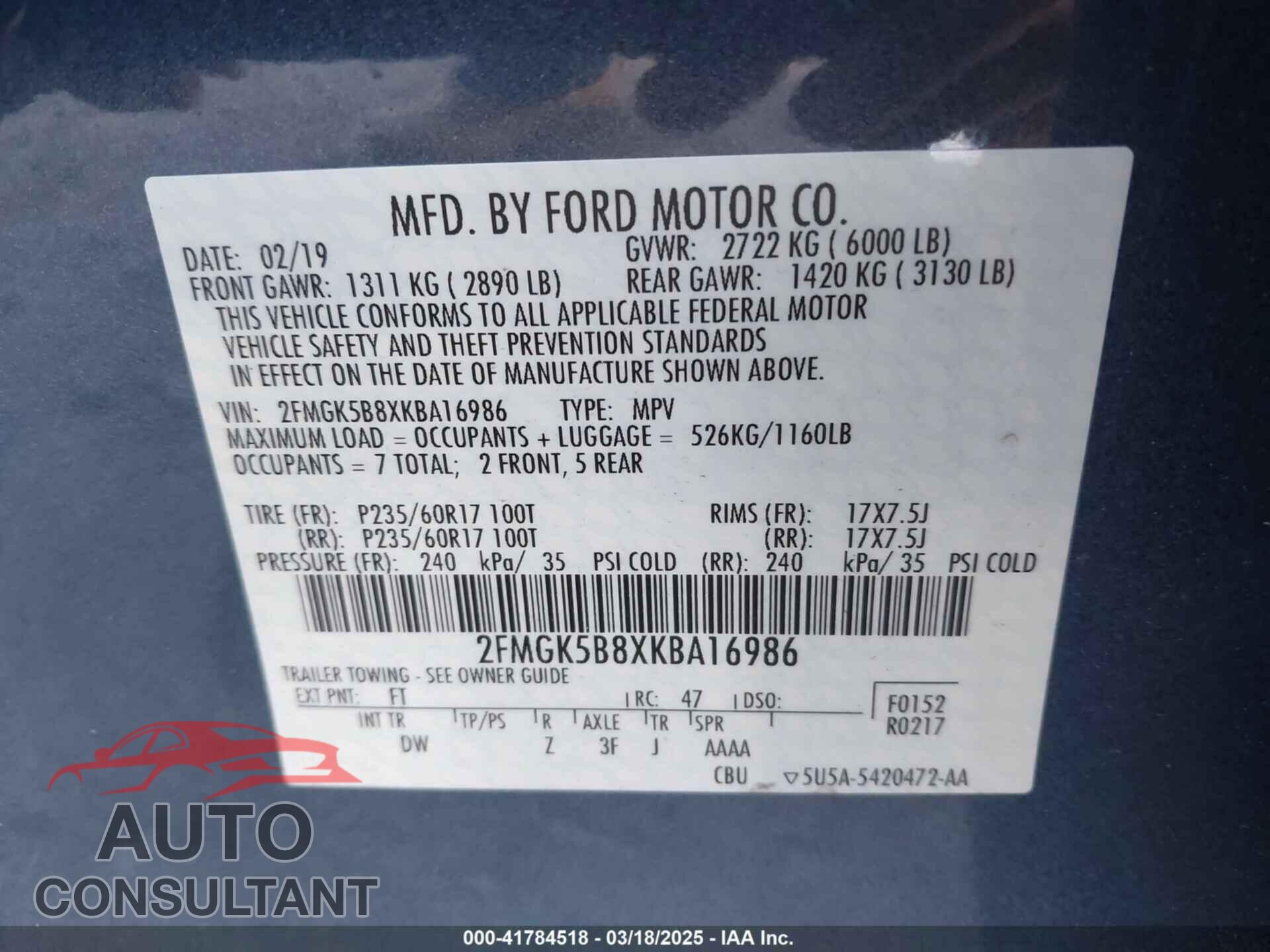 FORD FLEX 2019 - 2FMGK5B8XKBA16986