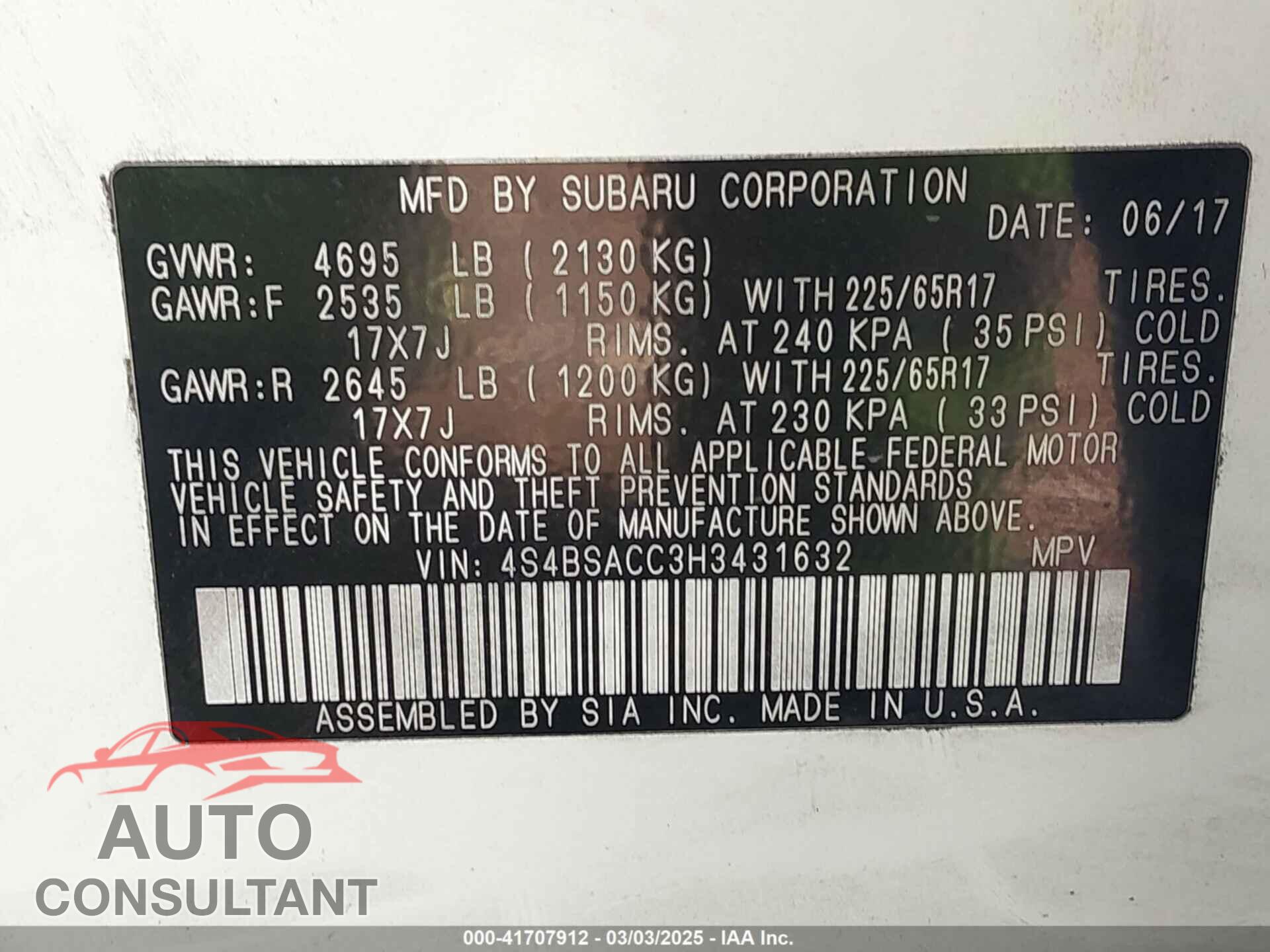 SUBARU OUTBACK 2017 - 4S4BSACC3H3431632