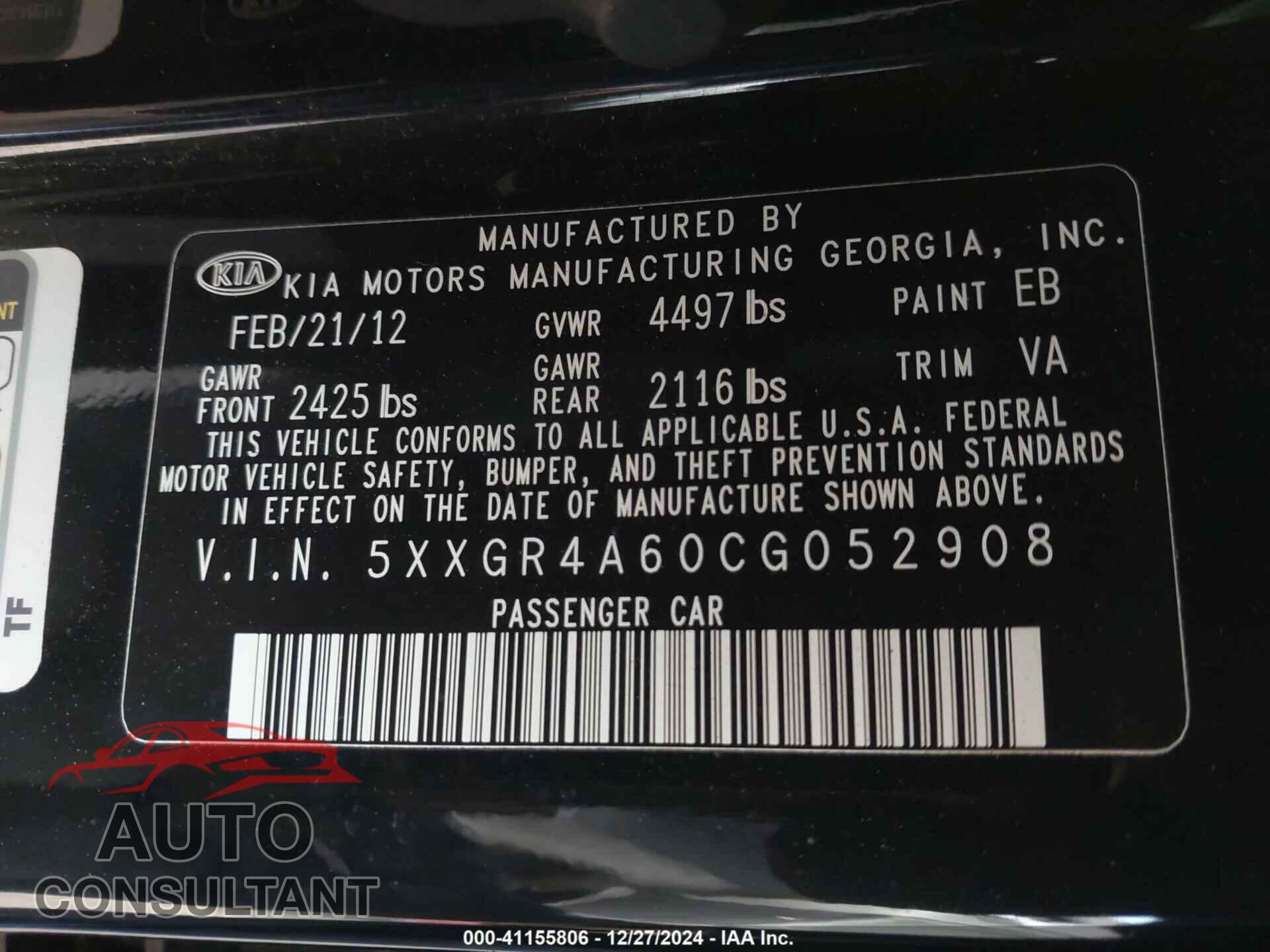 KIA OPTIMA 2012 - 5XXGR4A60CG052908