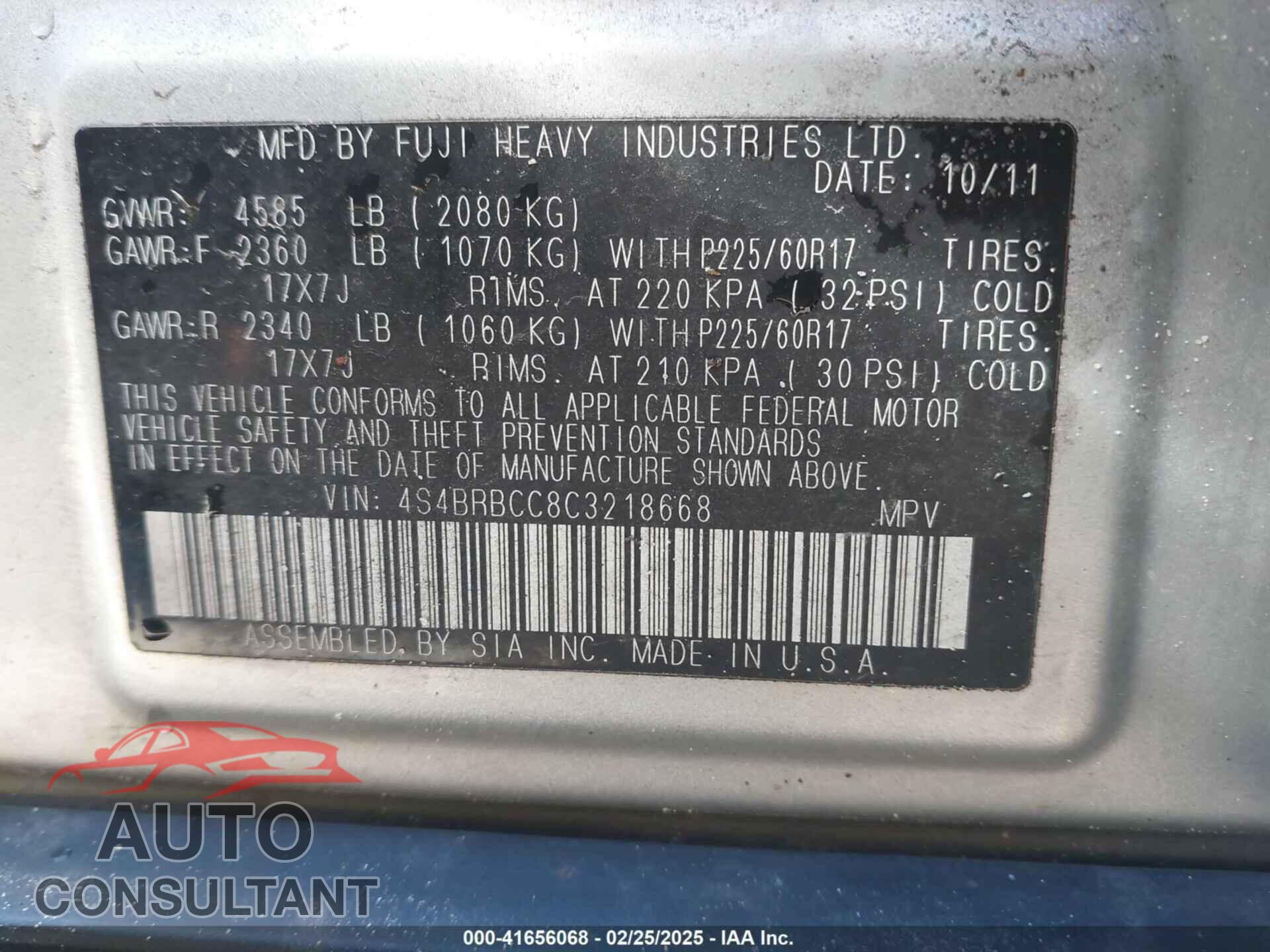 SUBARU OUTBACK 2012 - 4S4BRBCC8C3218668