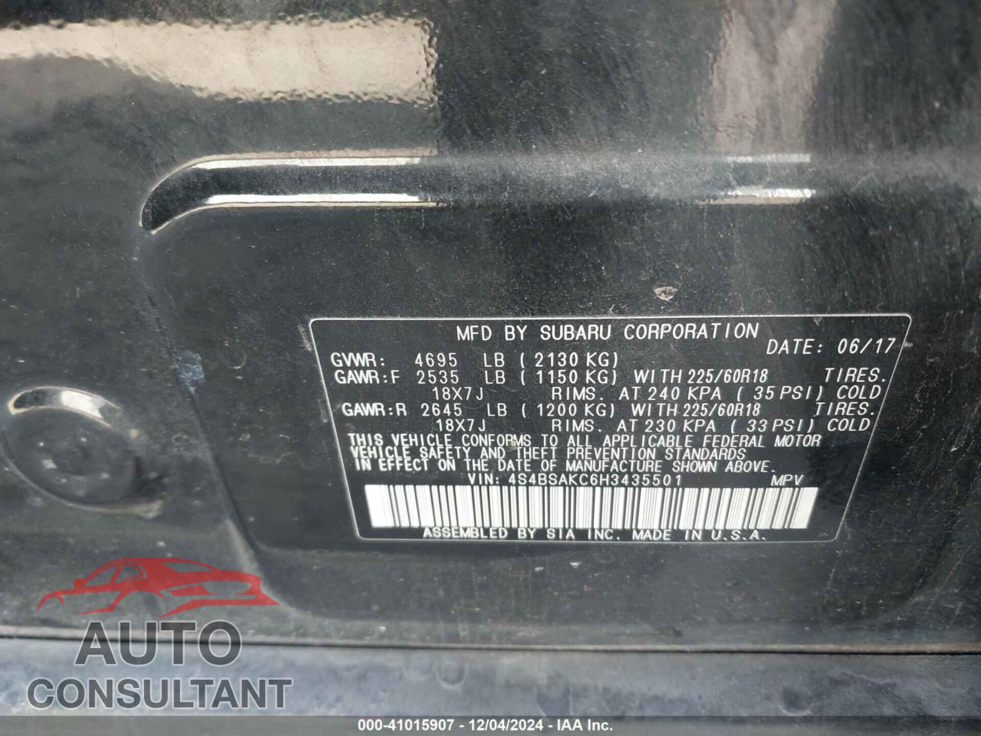 SUBARU OUTBACK 2017 - 4S4BSAKC6H3435501