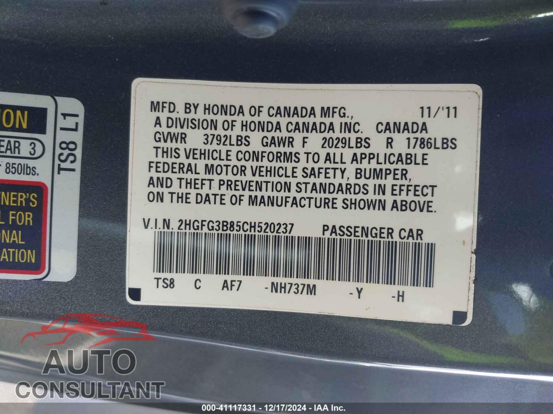 HONDA CIVIC CPE 2012 - 2HGFG3B85CH520237