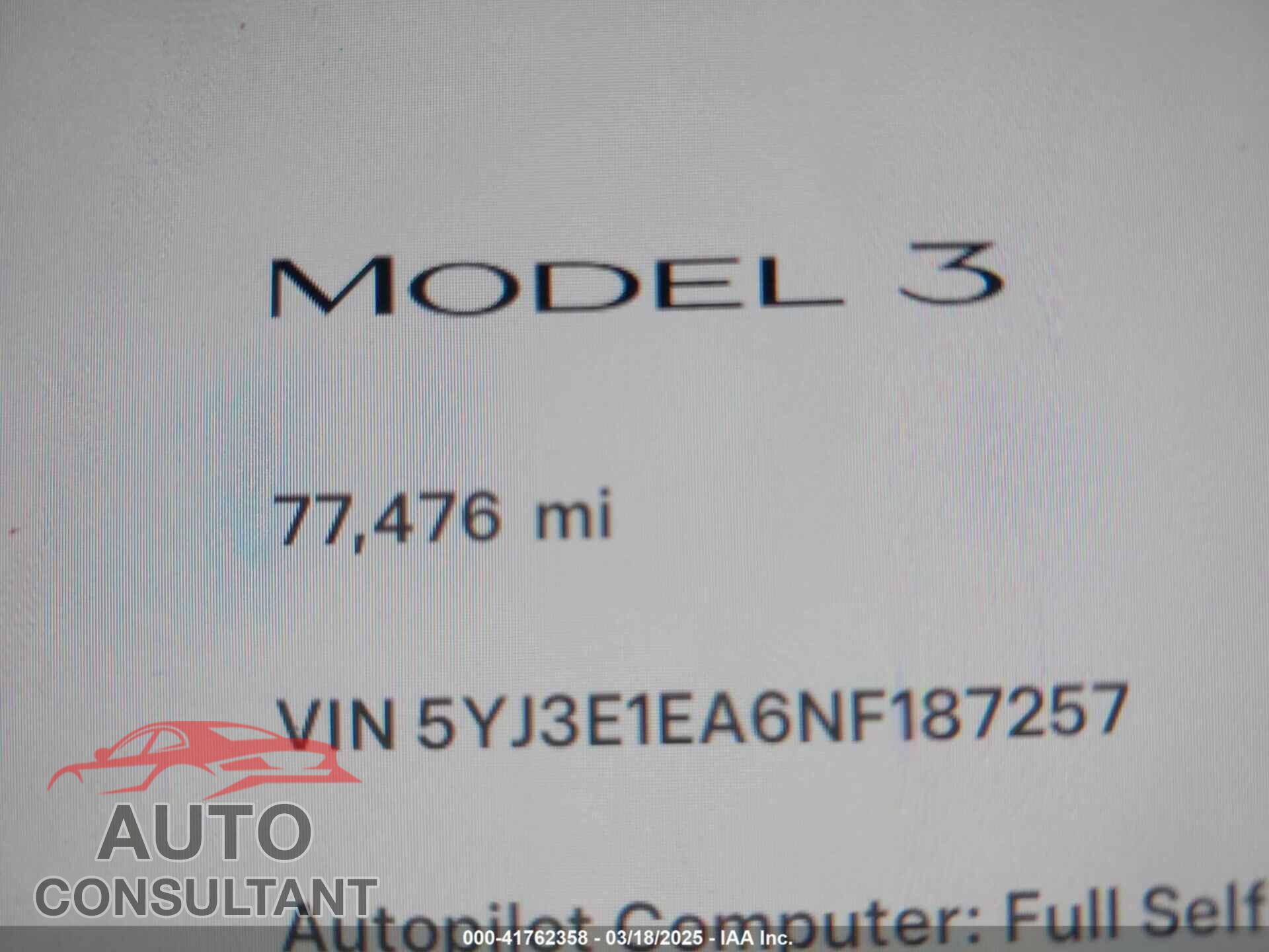 TESLA MODEL 3 2022 - 5YJ3E1EA6NF187257
